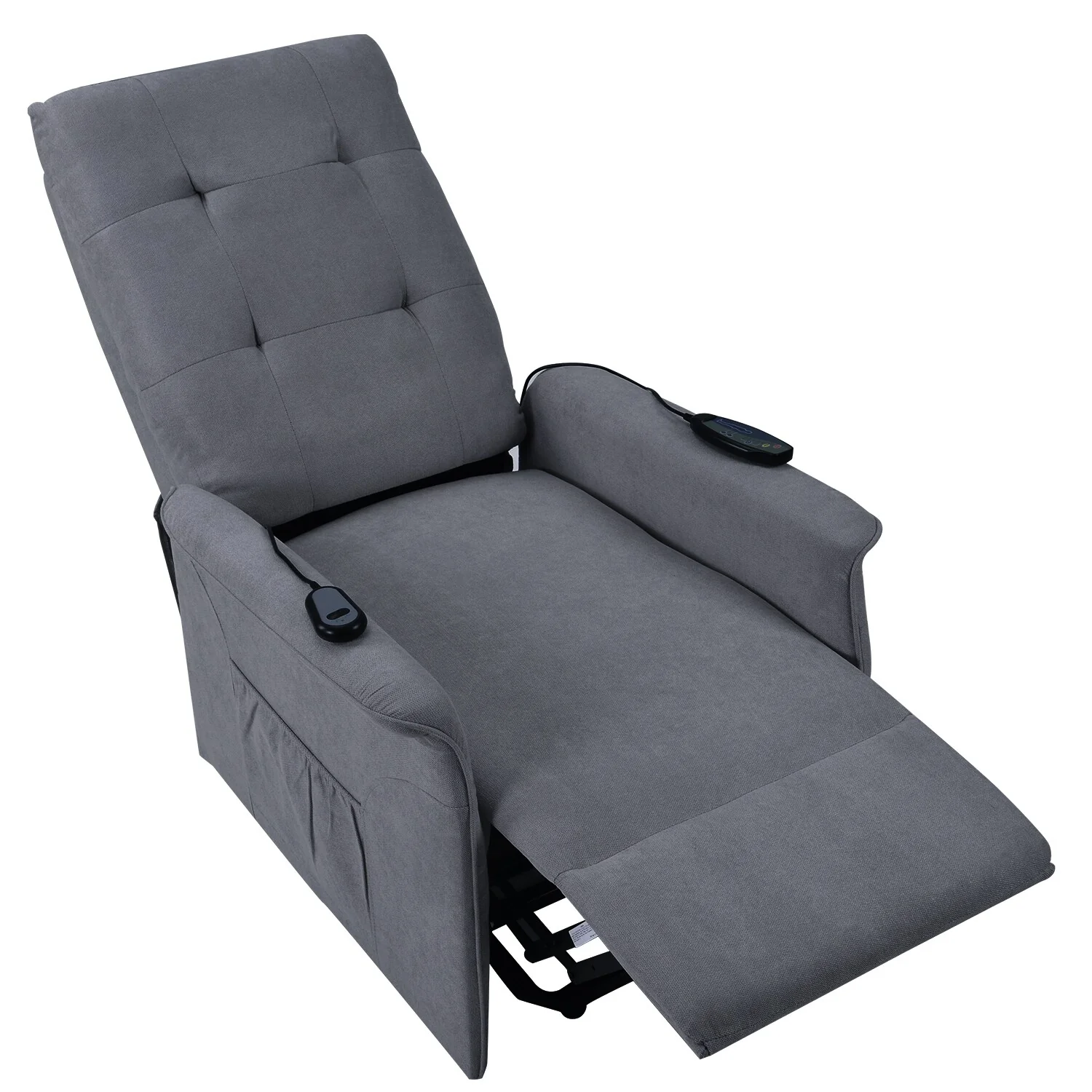 Grey Elderly Lift Recliner with Adjustable Massage, Overstuffed Cushioning, Remote Control, and Convenient Side Pockets