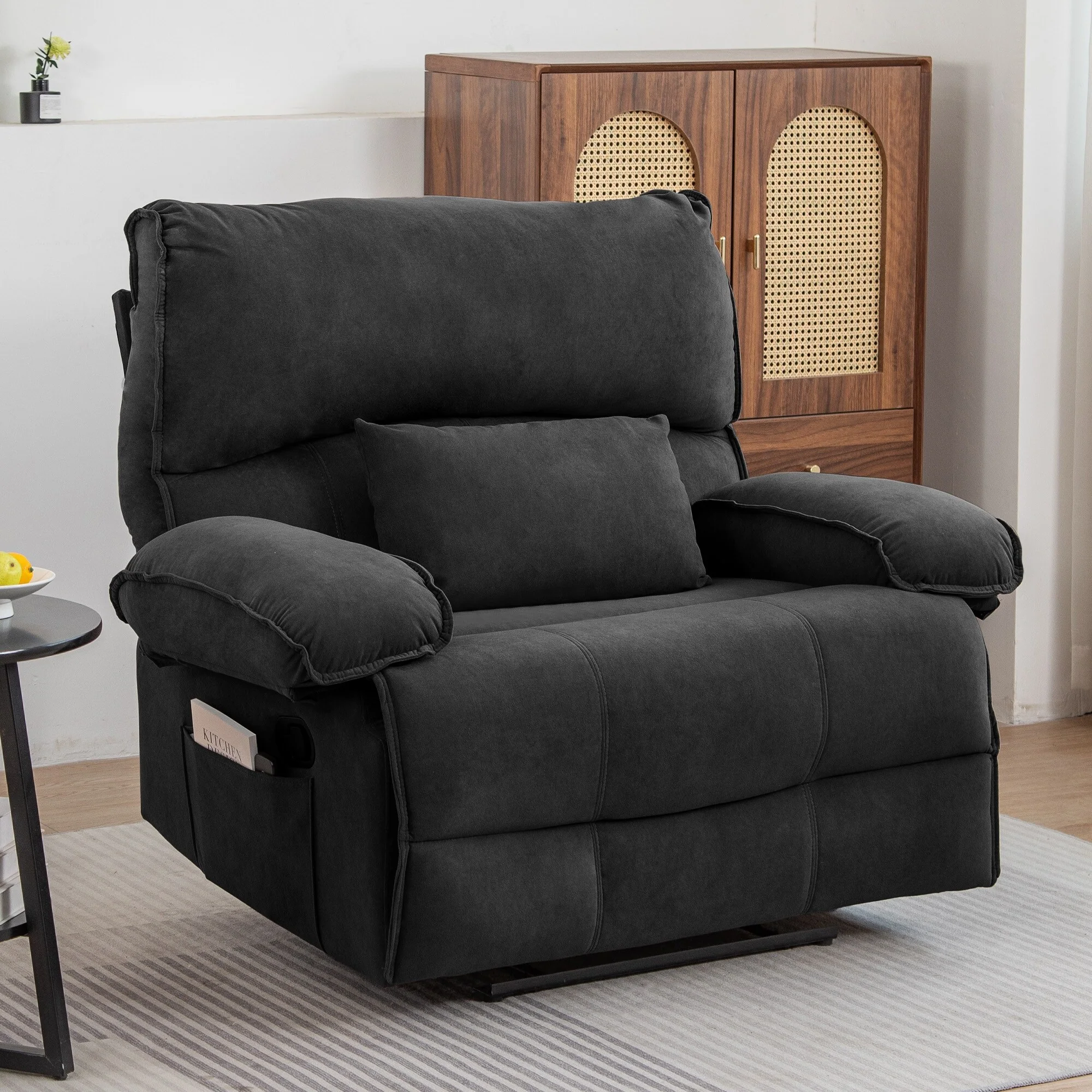 Grey Push-Back Recliner Sofa with Soft Fleece Upholstery and Heated Pillow