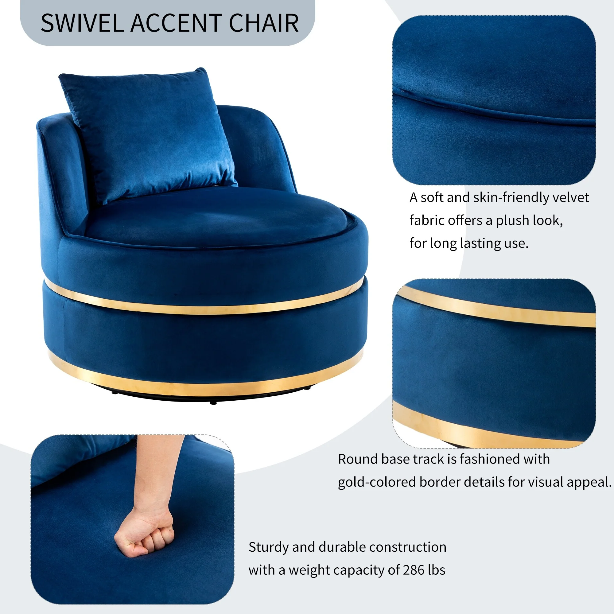 Velvet 360�� Swivel Accent Chair with Seat Cushion, Upholstered Barrel Chair with Stainless Steel Base Living Room Chair