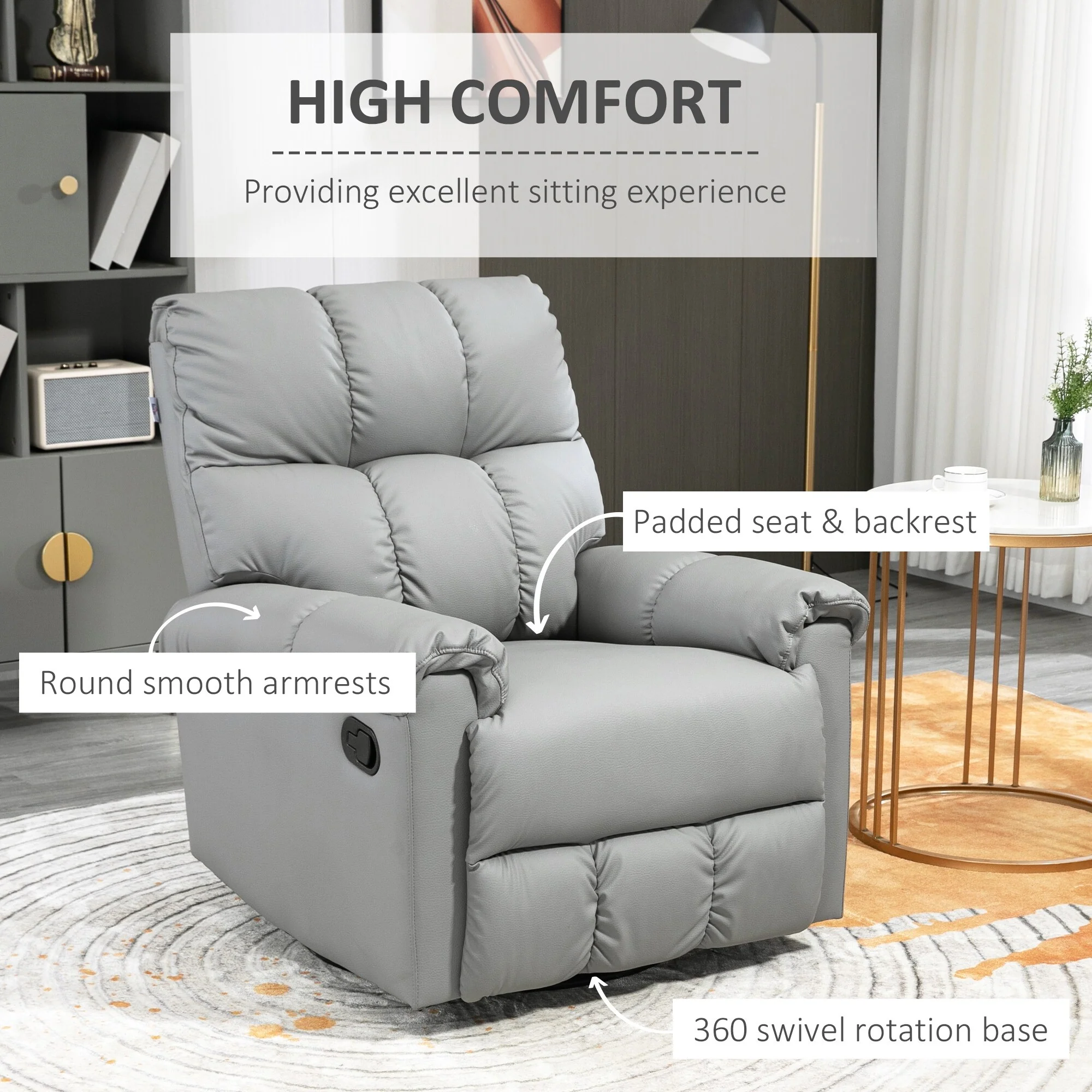 Grey Faux Leather Swivel Rocker Recliner with Overstuffed Backrest, 360�� Swivel, Manual Recline, and Footrest