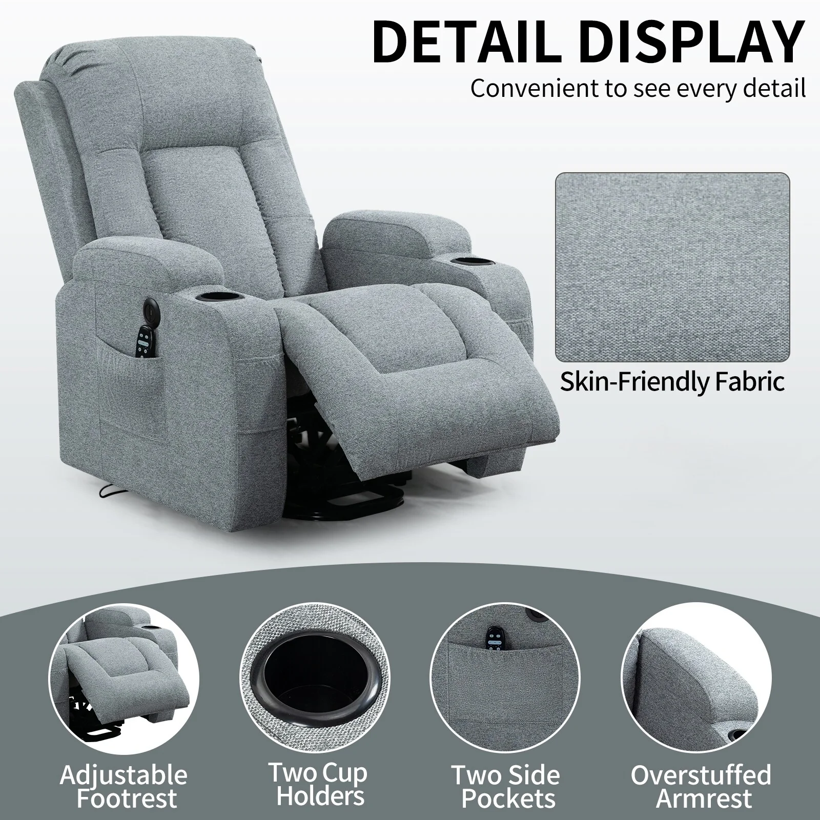 Grey Power Lift Recliner with Massage, Heat  Cup Holders