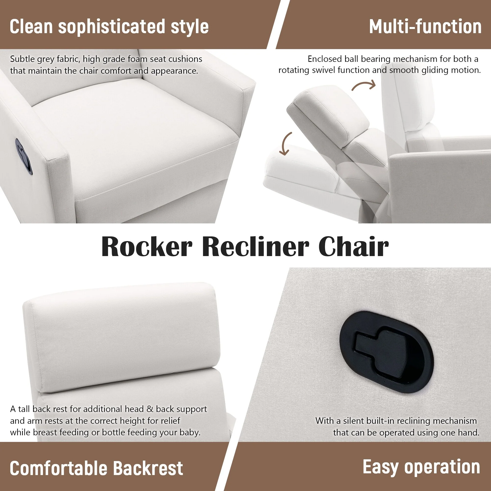 Roomfitters Modern Upholstered Rocker Nursery Chair, Plush Seating Glider Swivel Recliner Chair