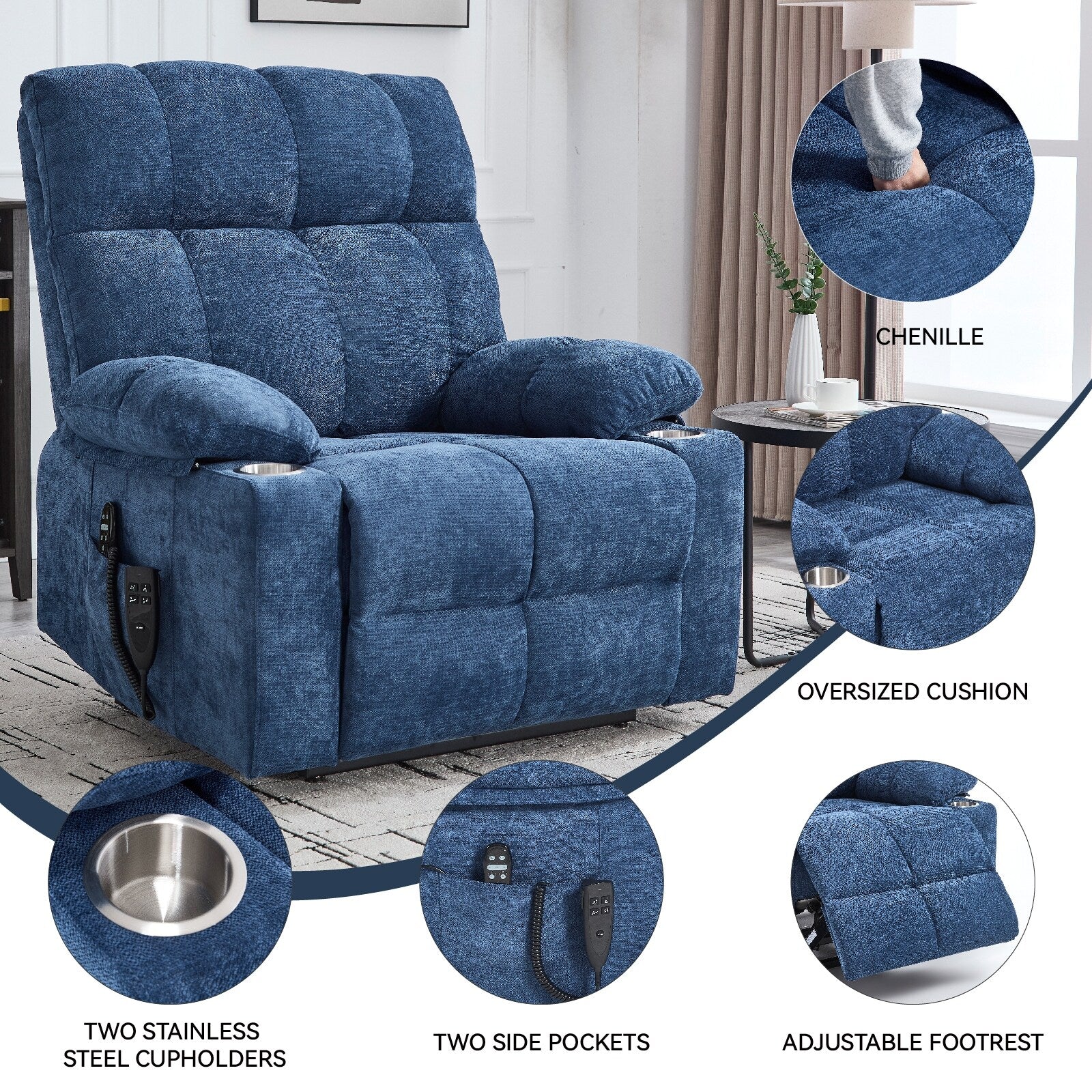 Lift Recliner Chair, Heavy Duty Motion Mechanism with 8-Point Vibration Massage and Lumbar Heating, Dual Cup Holders