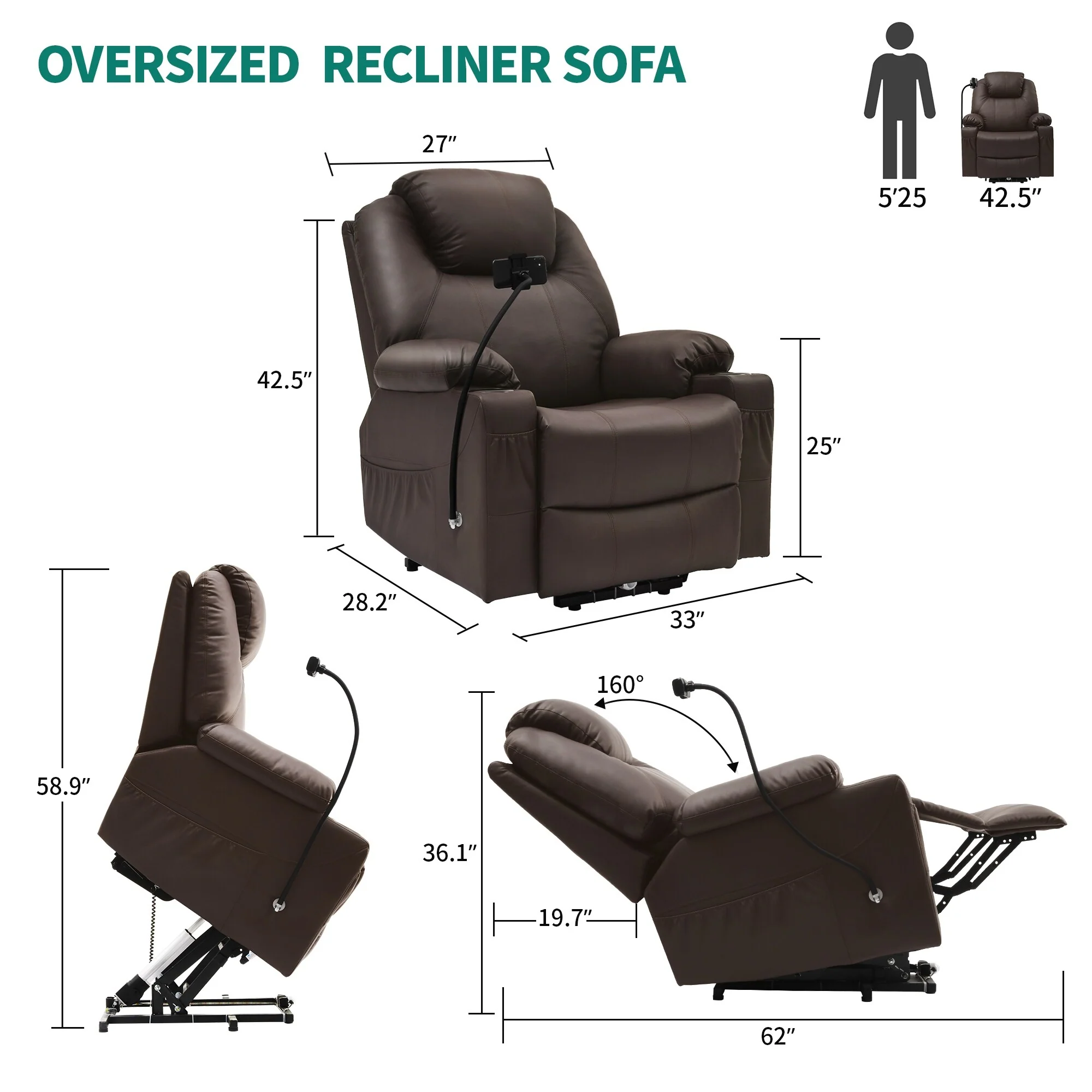Modern Reclining Chair Fabric Massage with LED and Mobile Phone Holder
