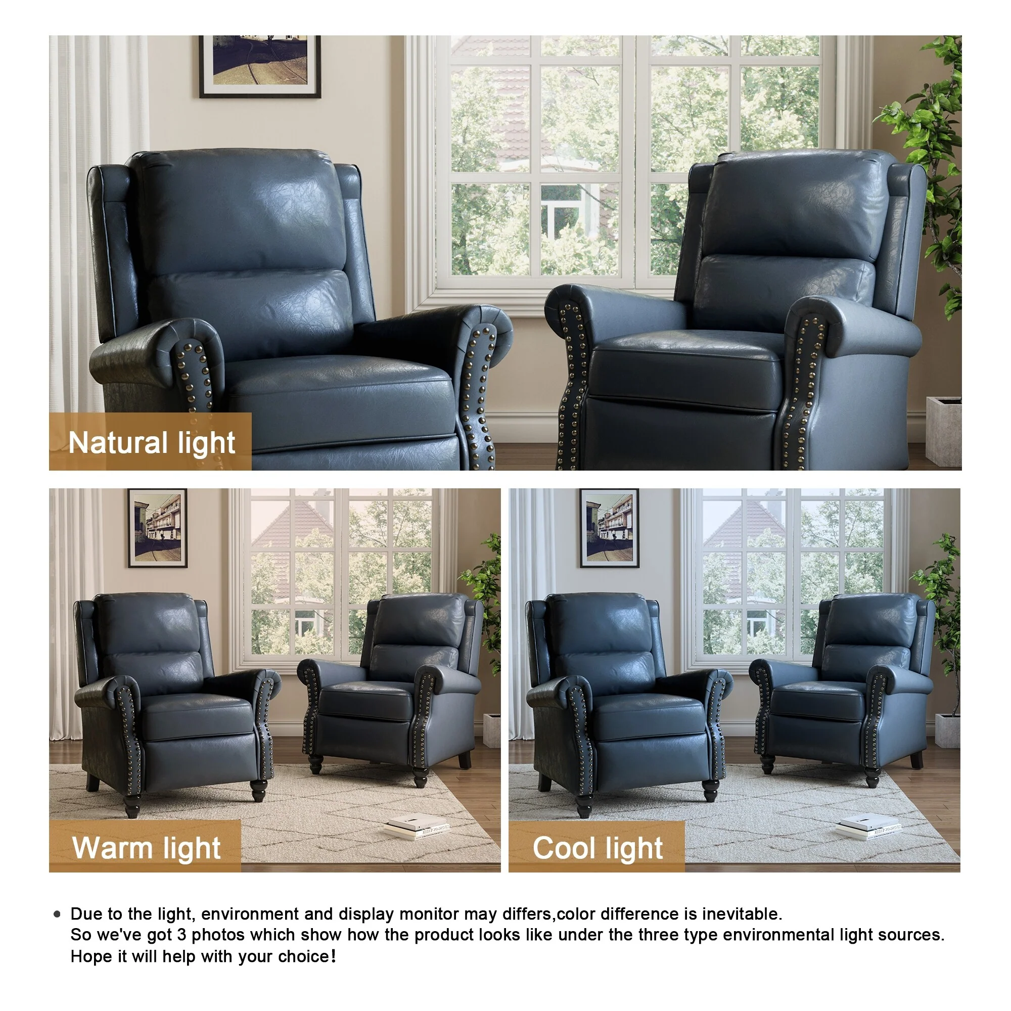 2 Set Manual Pushback Recliner Chair with Nailhead Trim
