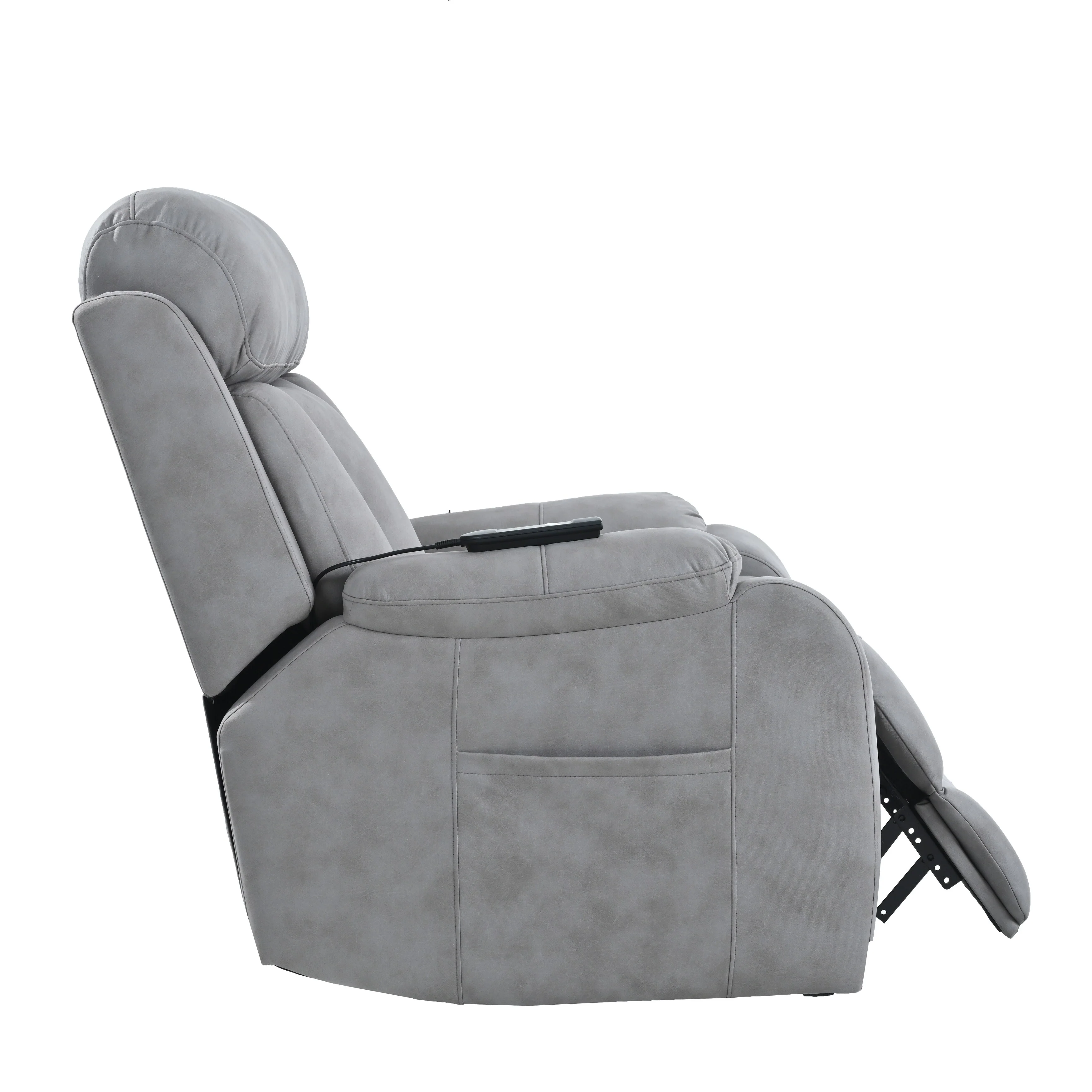 Grey Wide Seat Power Lift Recliner with Remote Control, Side Pocket, and Adjustable Recline Features