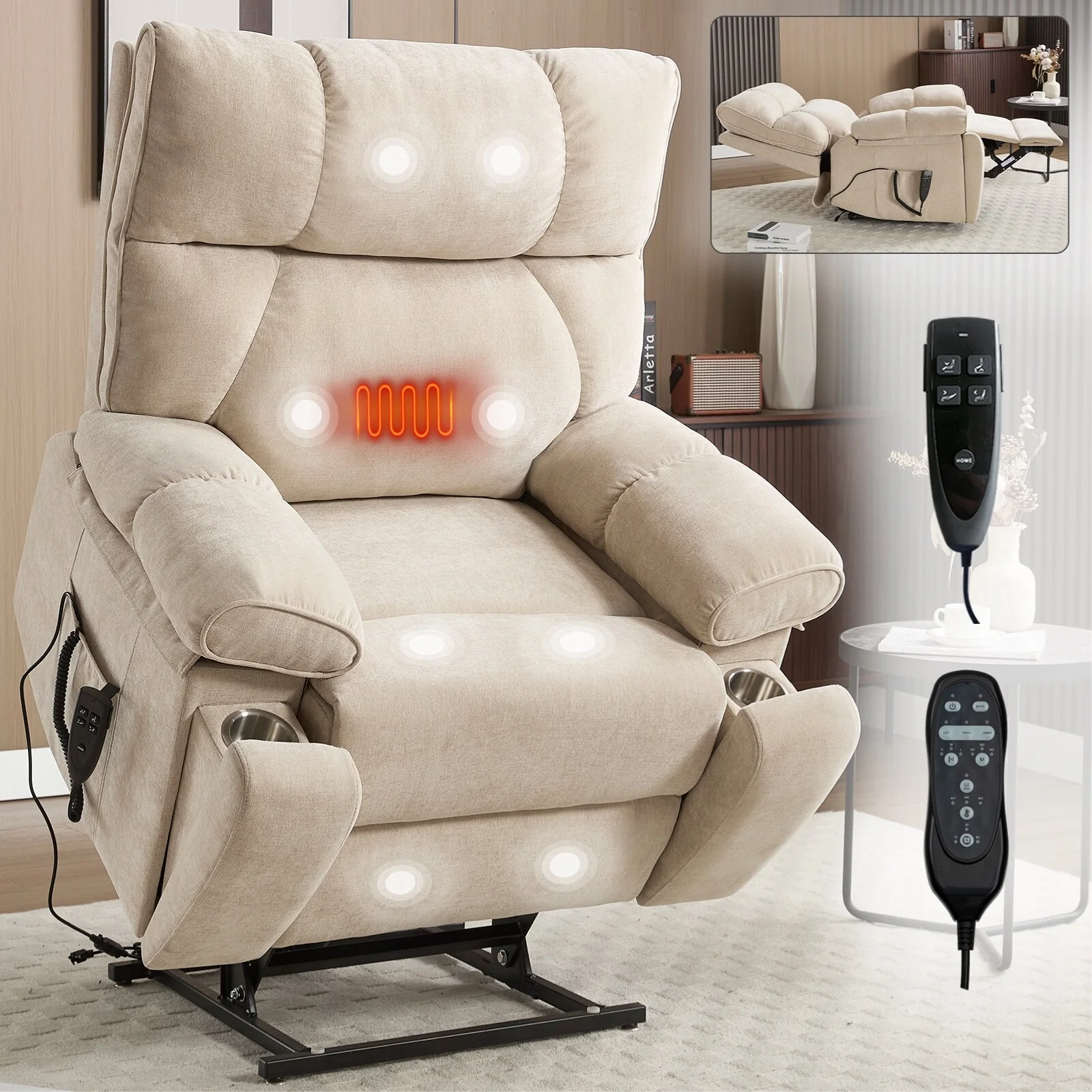 Brown Heat Massage Dual Motor Infinite Position Up to 350 LBS Large Electric Power Lift Recliners with Power-Remote