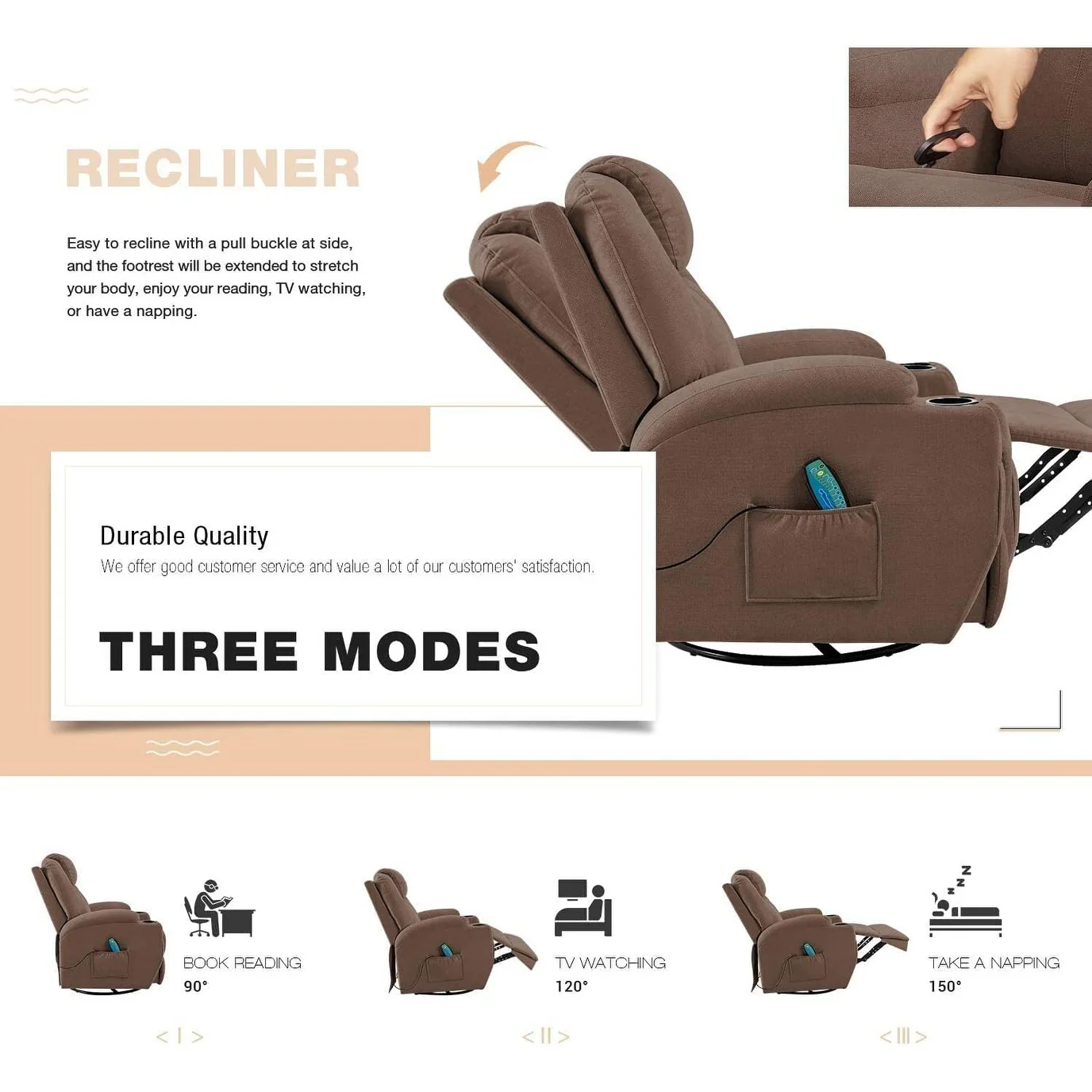 Furniwell Rotary Massage Heated Function Recliner Fabric Whirl