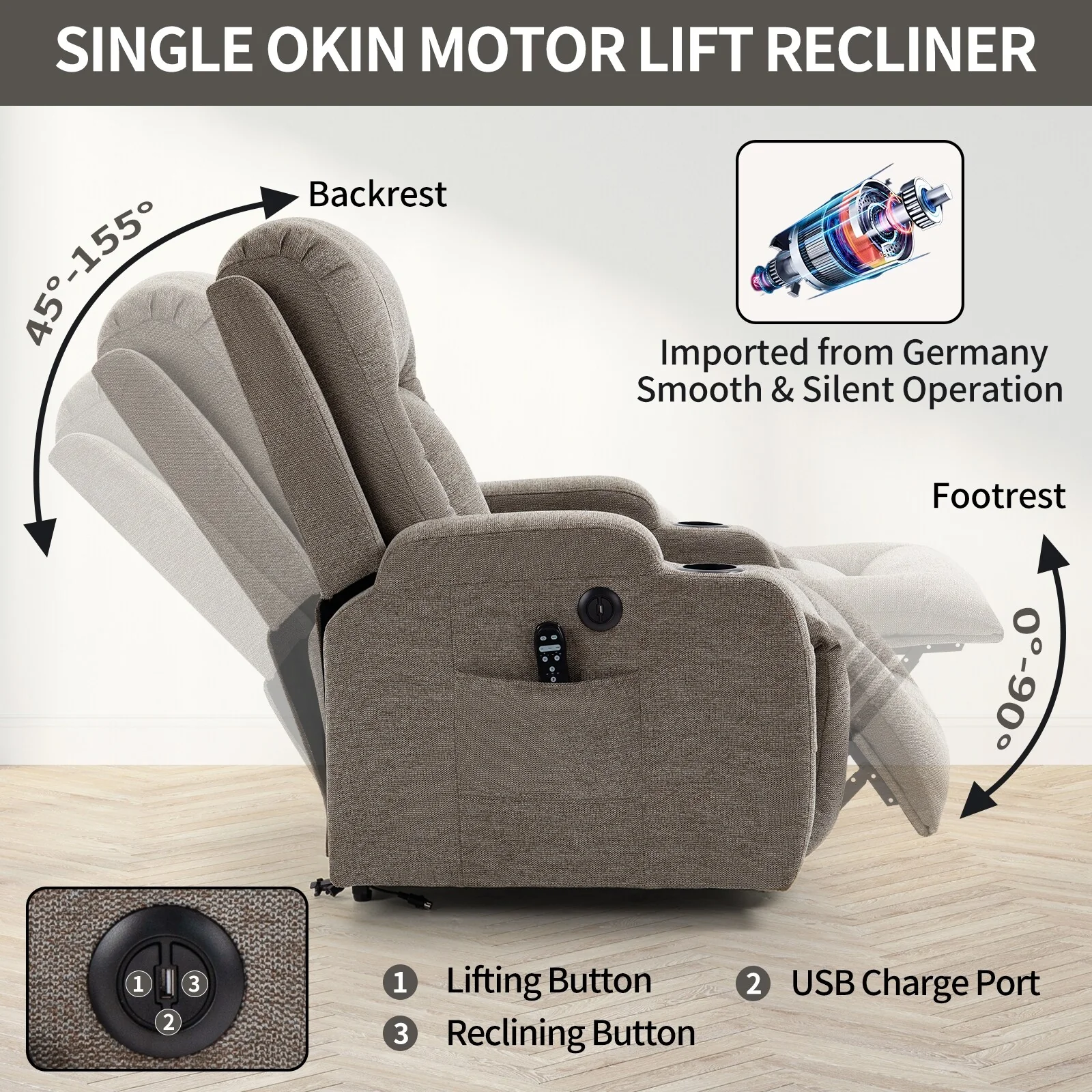 Power Lift Recliner Chair with Massage, Lumbar Heat, USB & Cup Holders