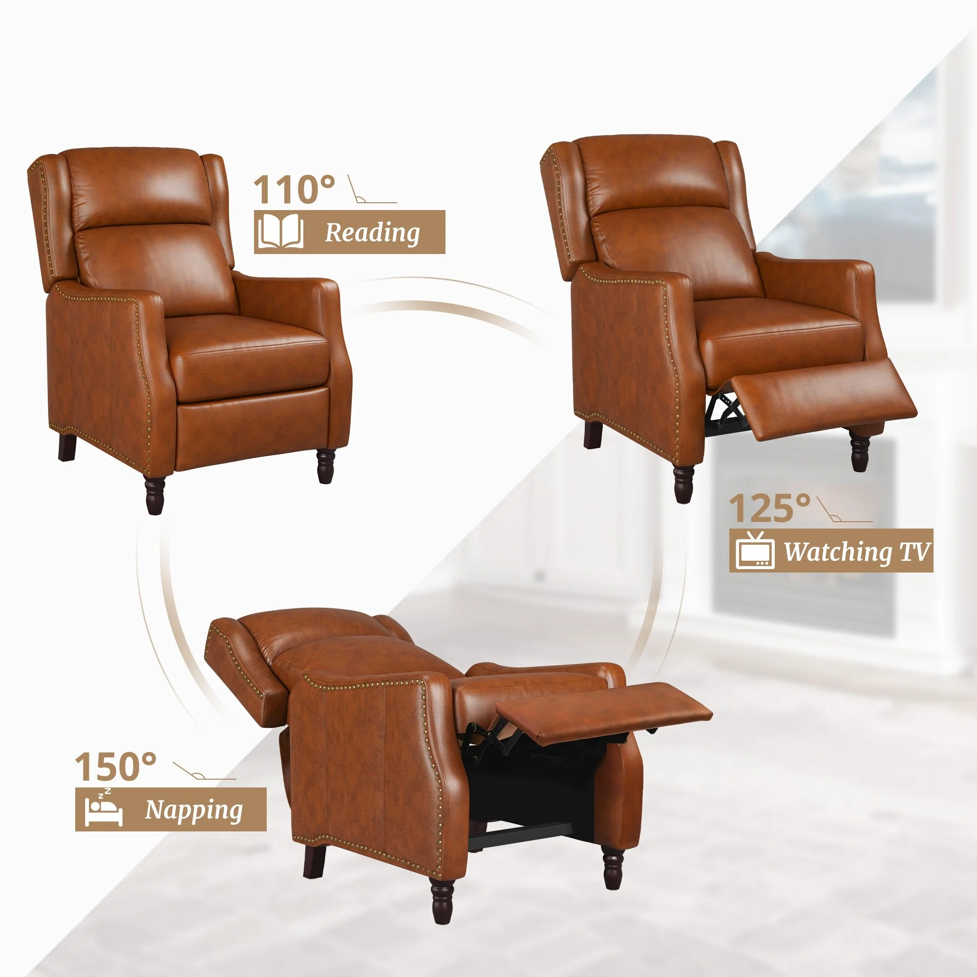 COZYMAN Modern Genuine Leather Push Back Recliner Adjustable Recliner Chair with 3-Position Seat