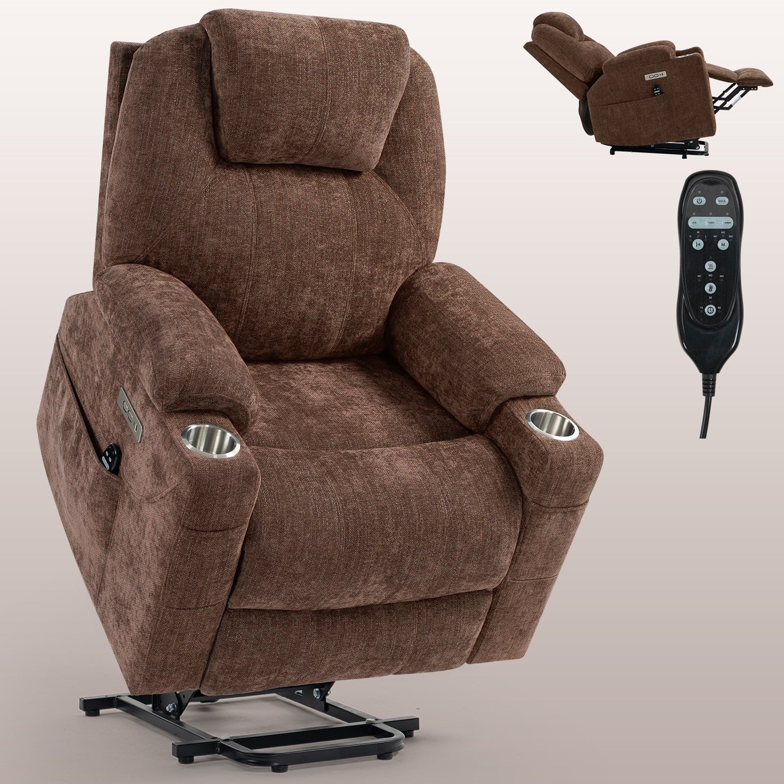 Power Lift Recliner with 8-Point Massage, Lumbar Heat, Dual USB Charging, and Stainless Steel Cup Holders