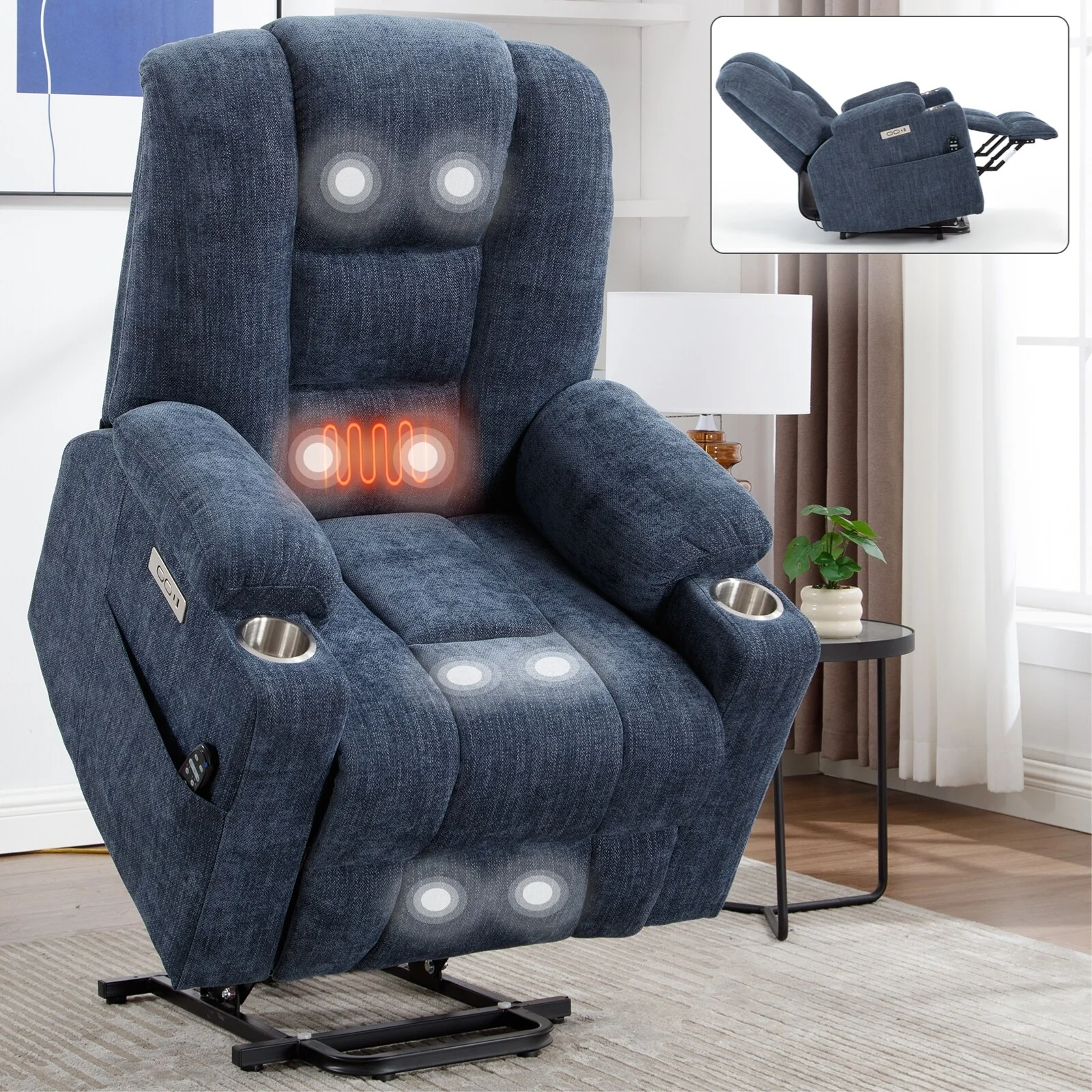Power Lift Recliner Chair with Dual USB, Cup Holders & Chenille Fabric