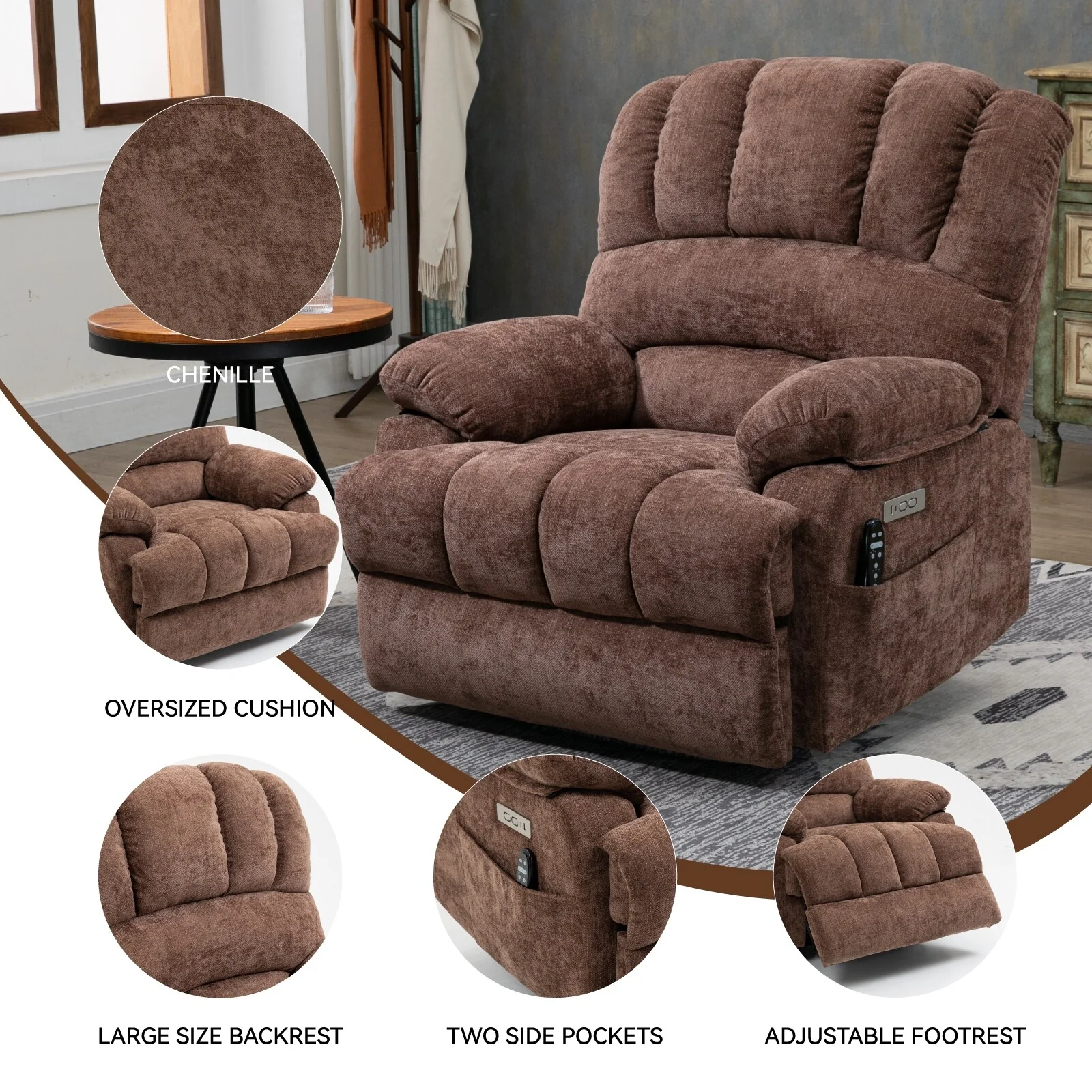 Chenille Power Lift Recliner Chair with 8-Point Vibration Massage