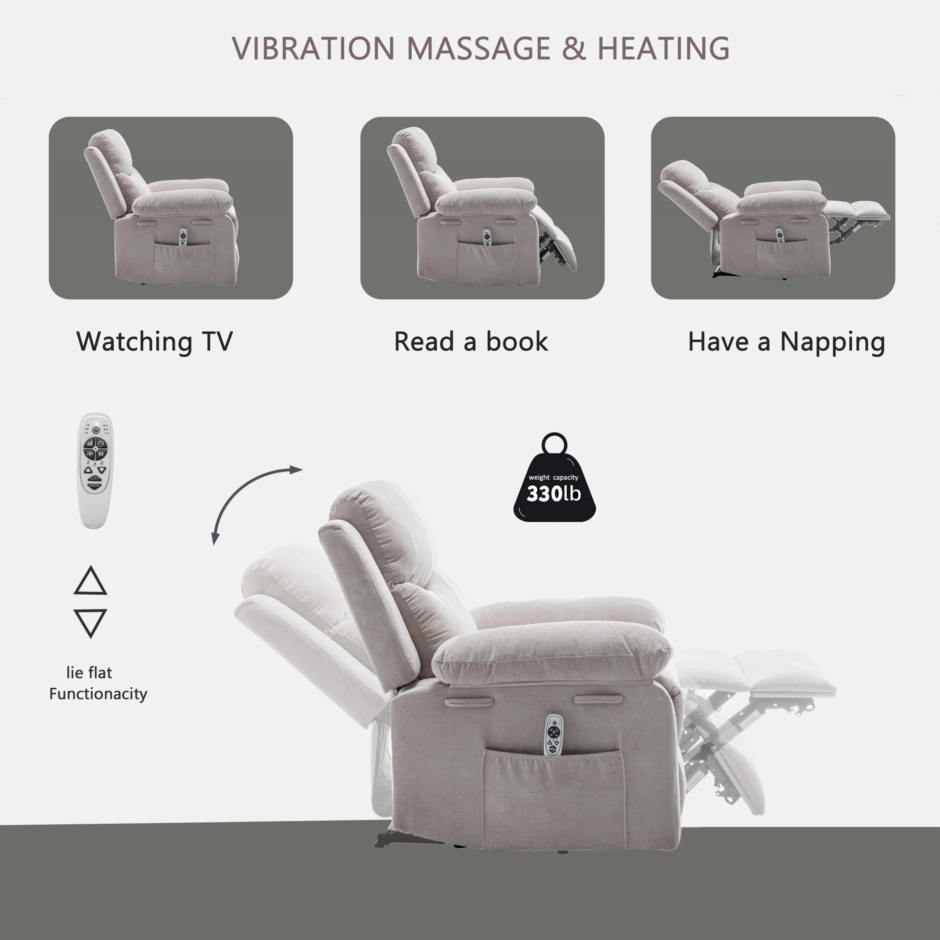 Velvet Adjustable Massage Function Power Recliner Chair with Heating System