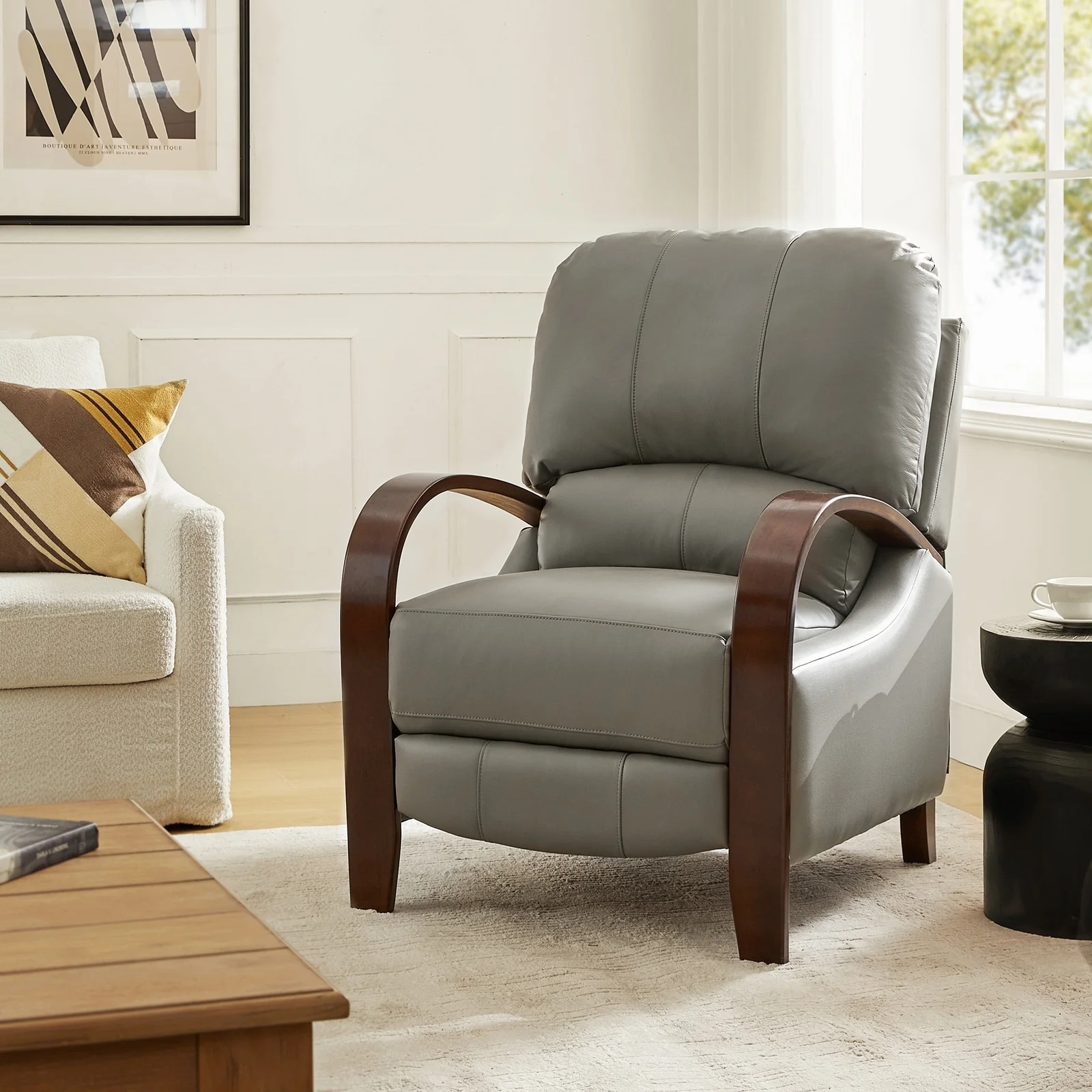 Alex Mid-century Modern Cigar Genuine Leather Manual Recliner with Wooden Curved Arms