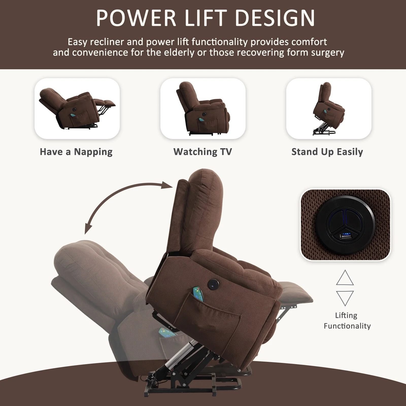 Grey Power Lift Recliner with Massage, Heat, USB Charging, Hidden Cup Holders, and Adjustable Reclining Positions