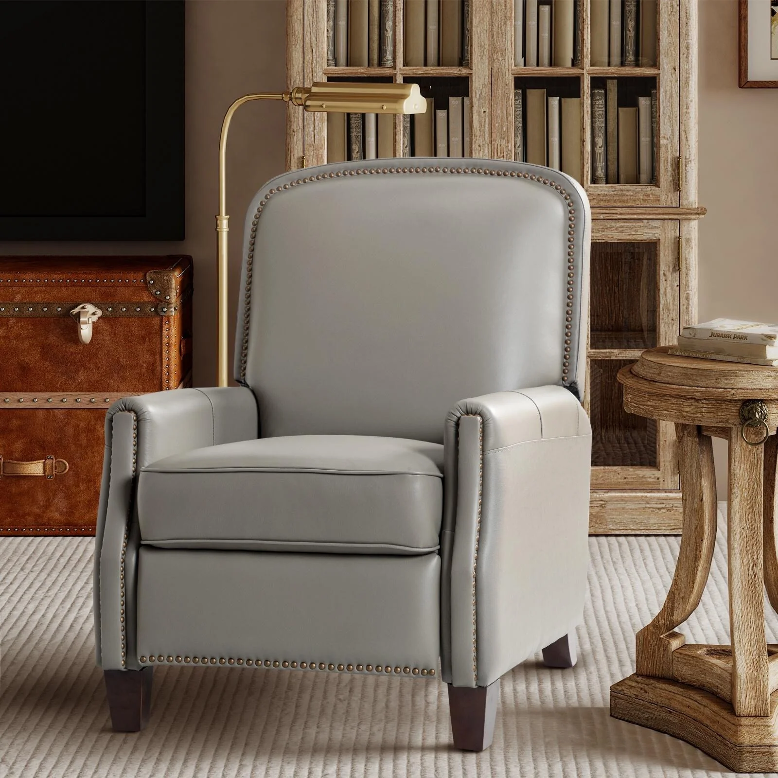 Gladis Modern Retro Genuine Leather Recliner with Nailhead Trim by HULALA HOME