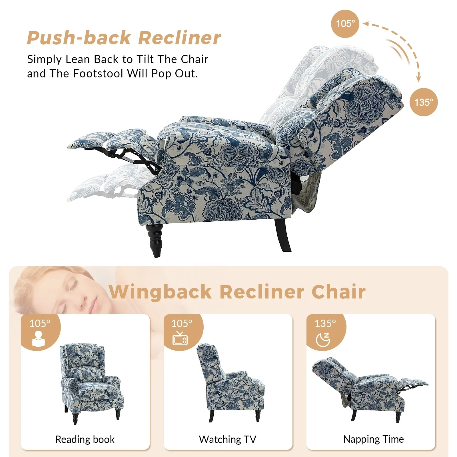 Olympus Upholstered Classic Manual Wingback Recliner with Solid Wood Legs by HULALA HOME