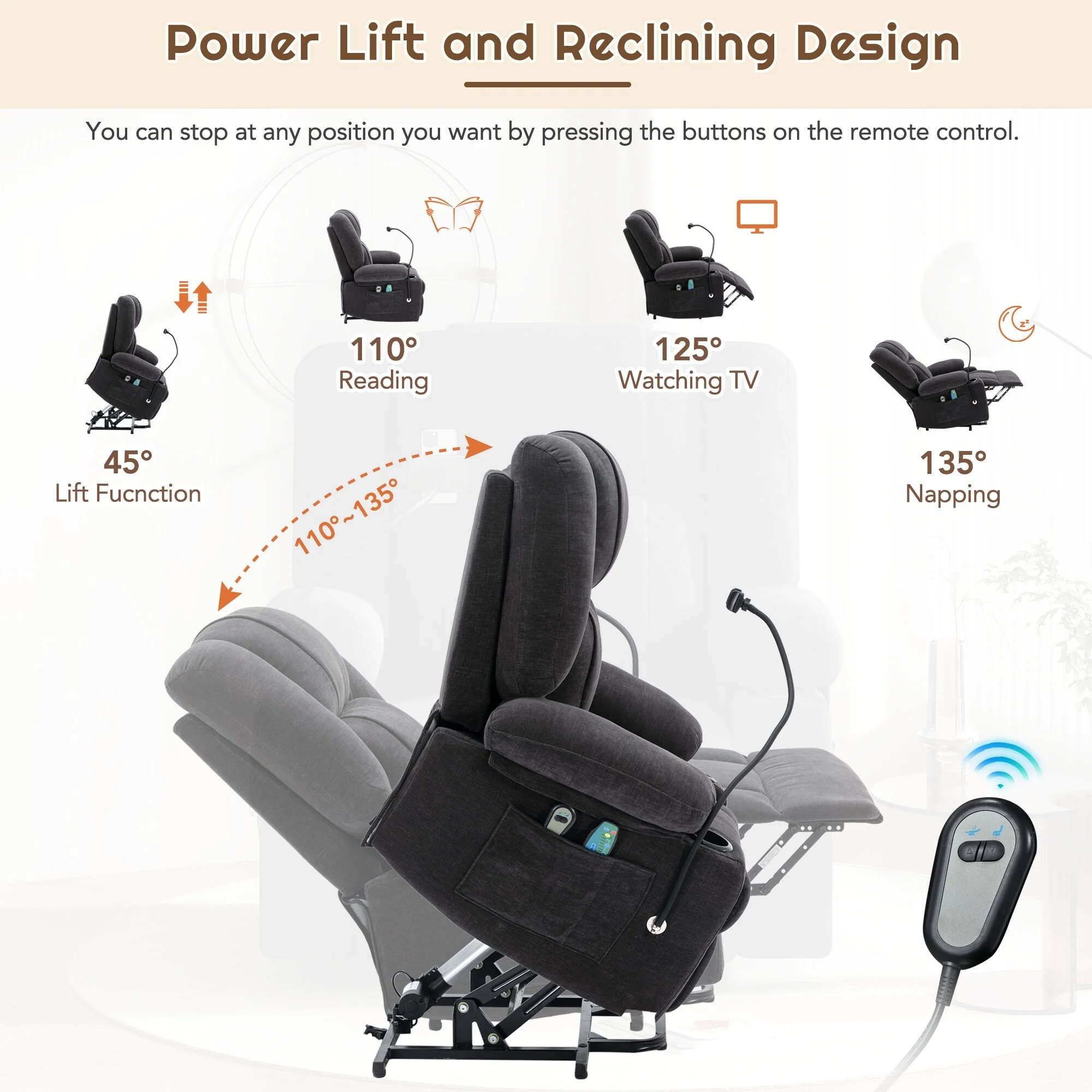 Grey Electric Power Lift Recliner Chair with Massage, Heating, Cup Holders & 360�� Swivel Phone Holder, Adjustable Recline
