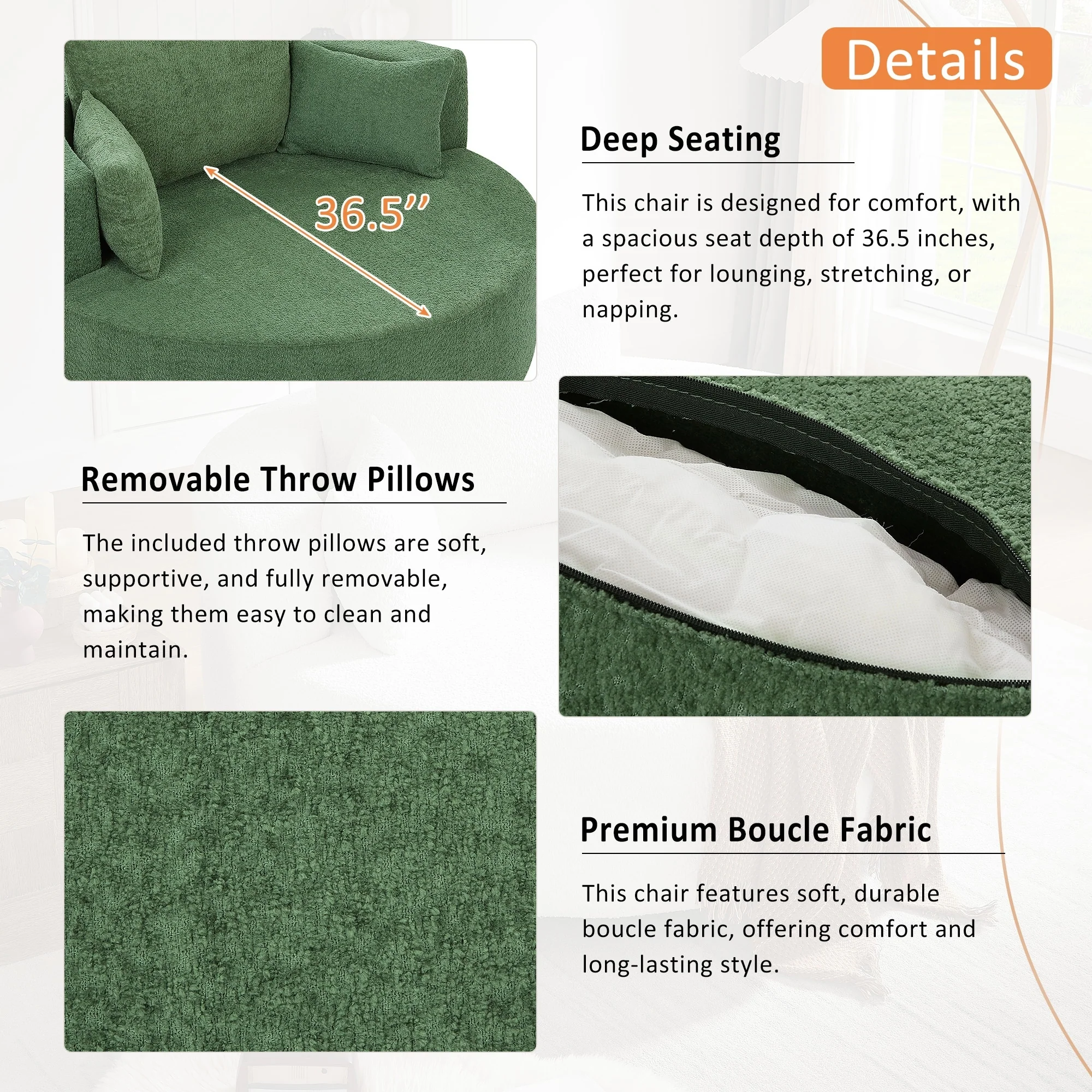 Chenille Accent Barrel Chair Lounge Chair, Round Sofa Chair Armchair with 360-Degree Swivel Base and 3 Removable Pillows