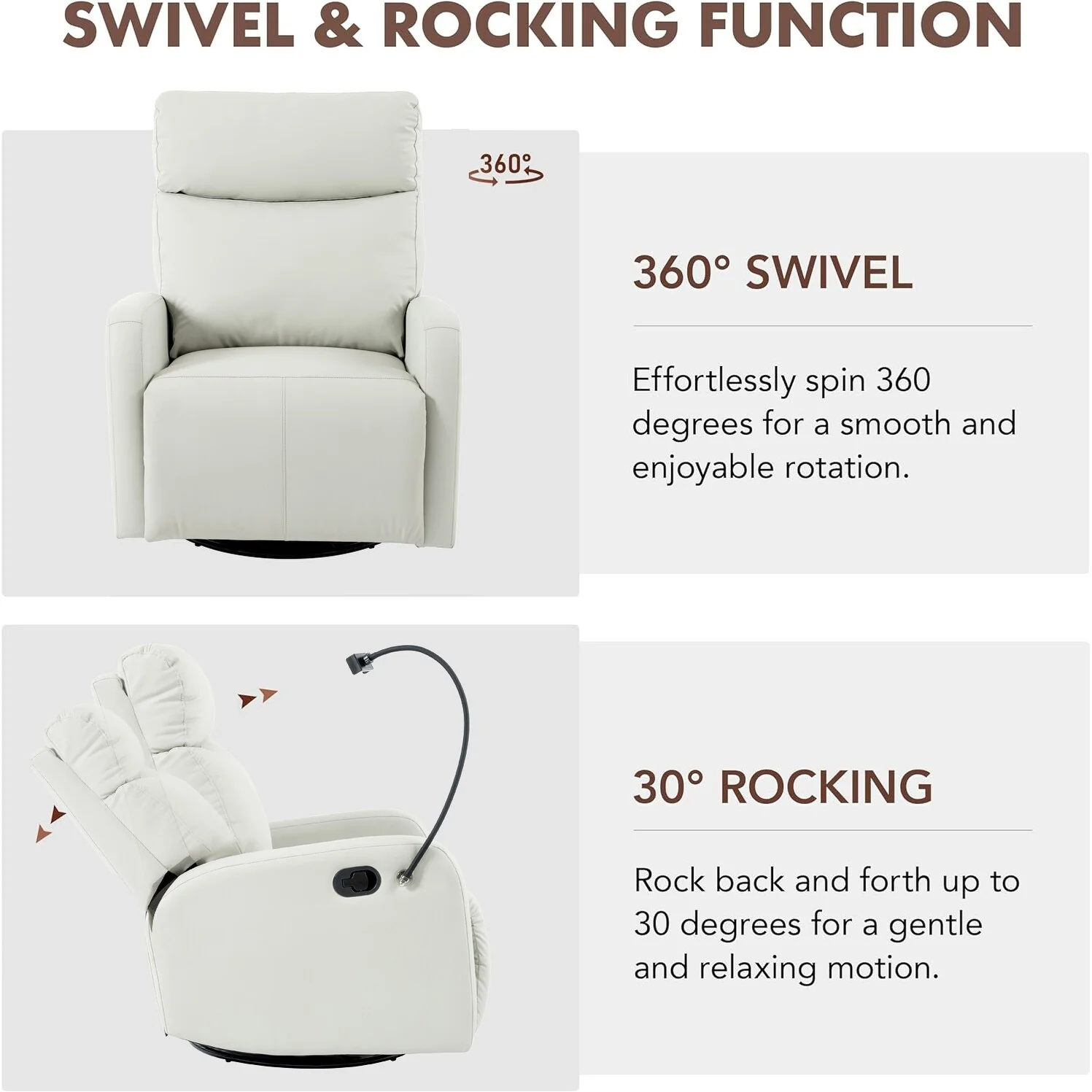 Grey Swivel Rocker Recliner with Adjustable Footrest and Phone Holder