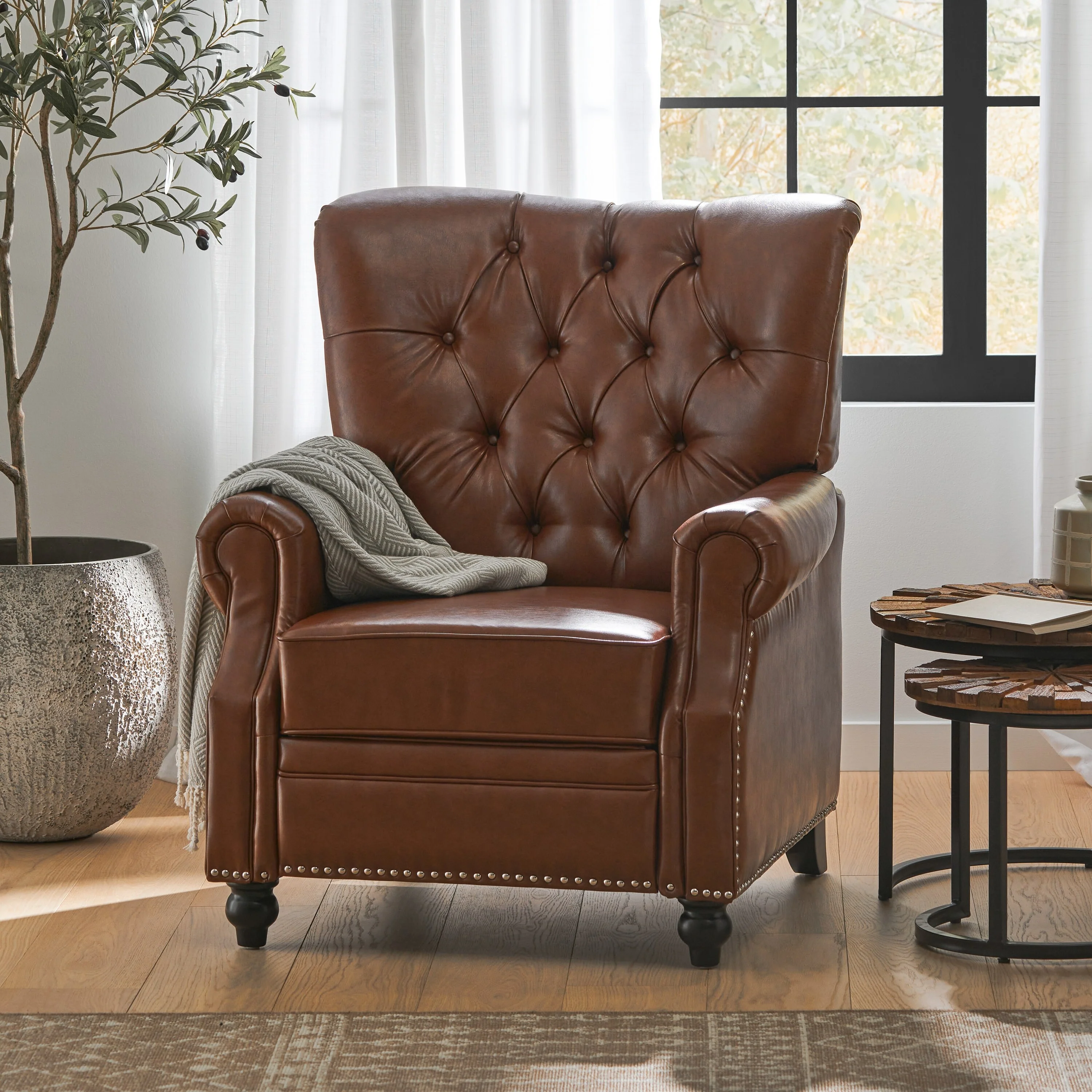 Roomfitters Recliner Chair with Button Tufting and Nailhead Trim, Push-Back Lounge Accent Chair