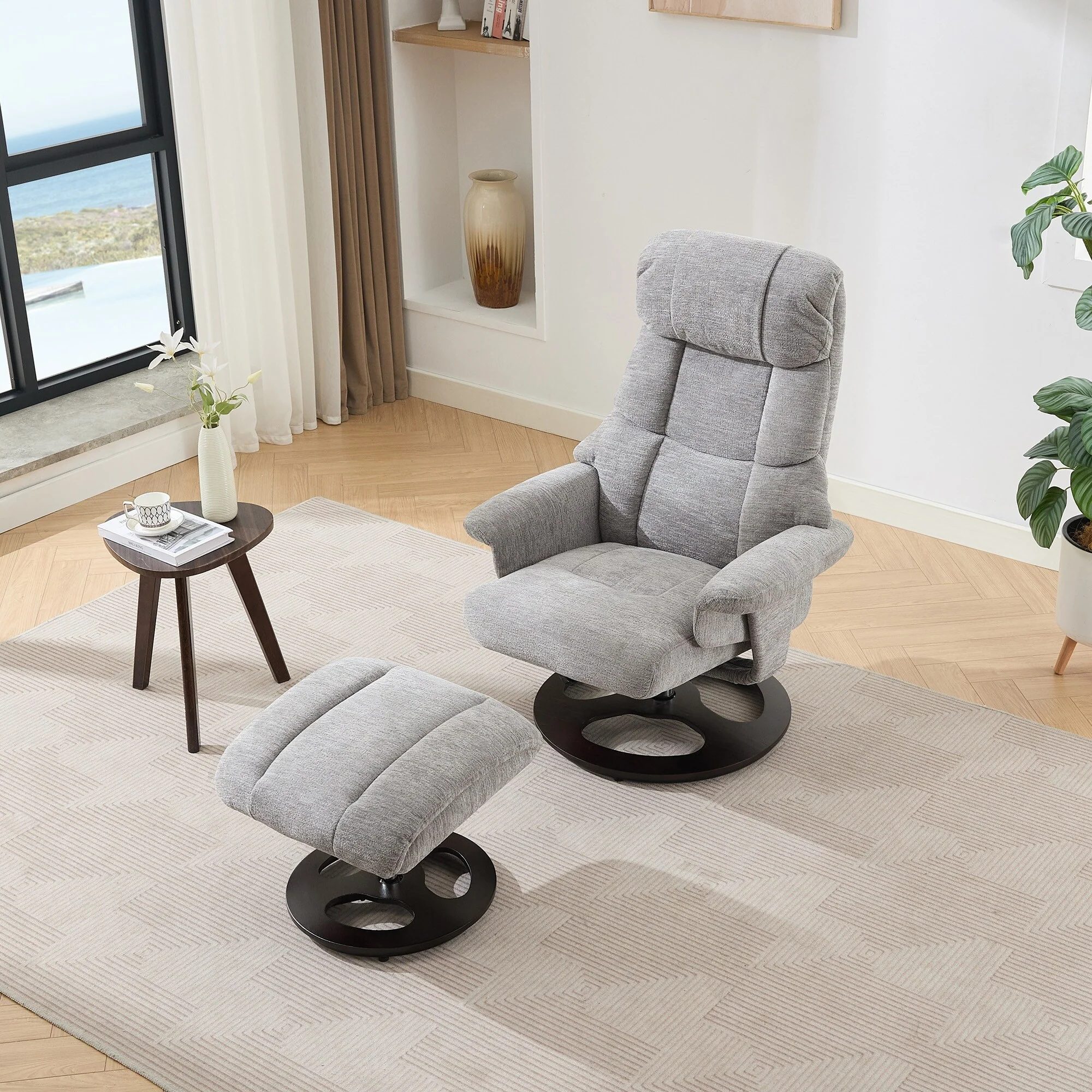 Modern 360�� Swivel Lounge Chair with Footstool, 5 Point Vibration Massage, Seat Heating & 140�� Adjustable Backrest