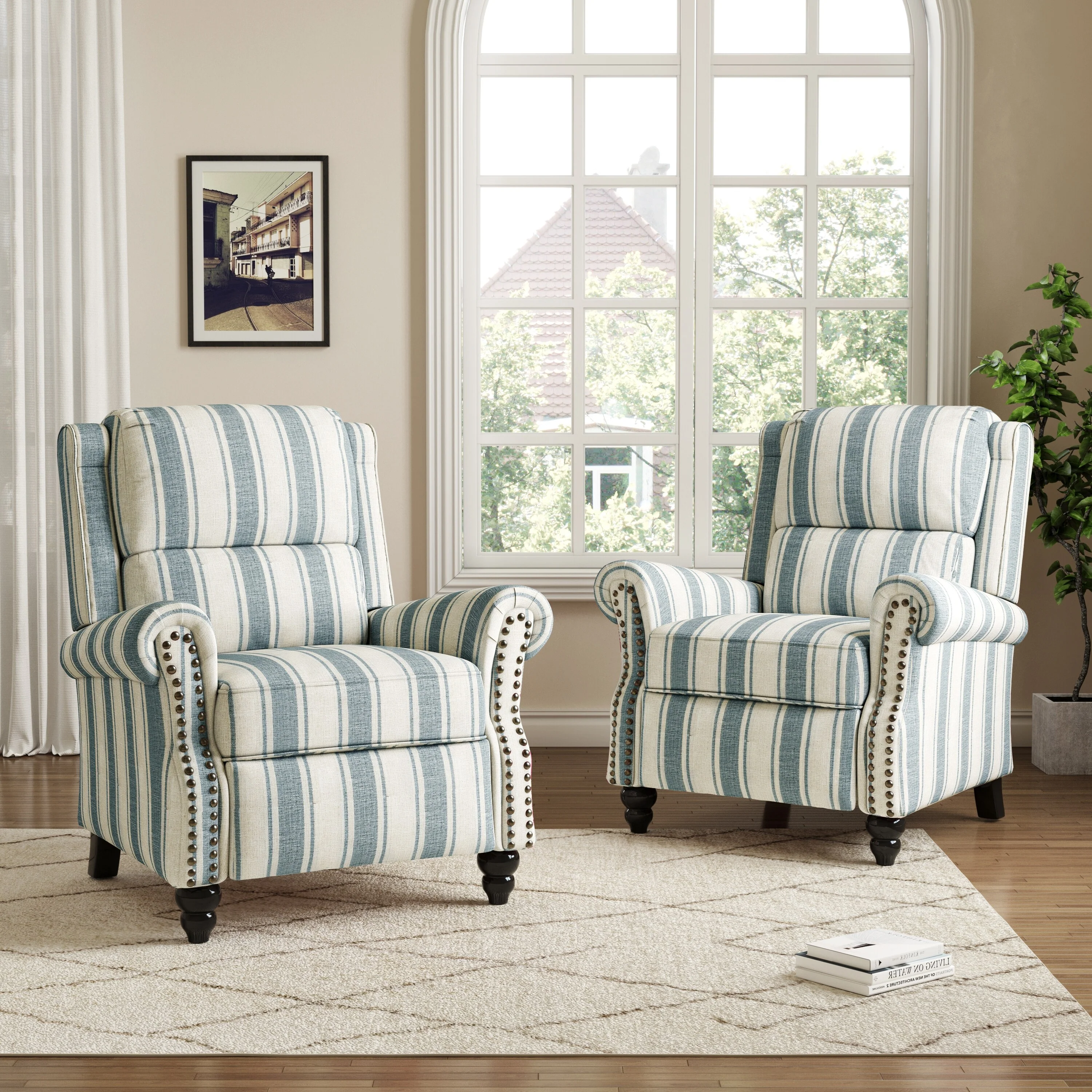 2 Set Manual Pushback Recliner Chair with Nailhead Trim