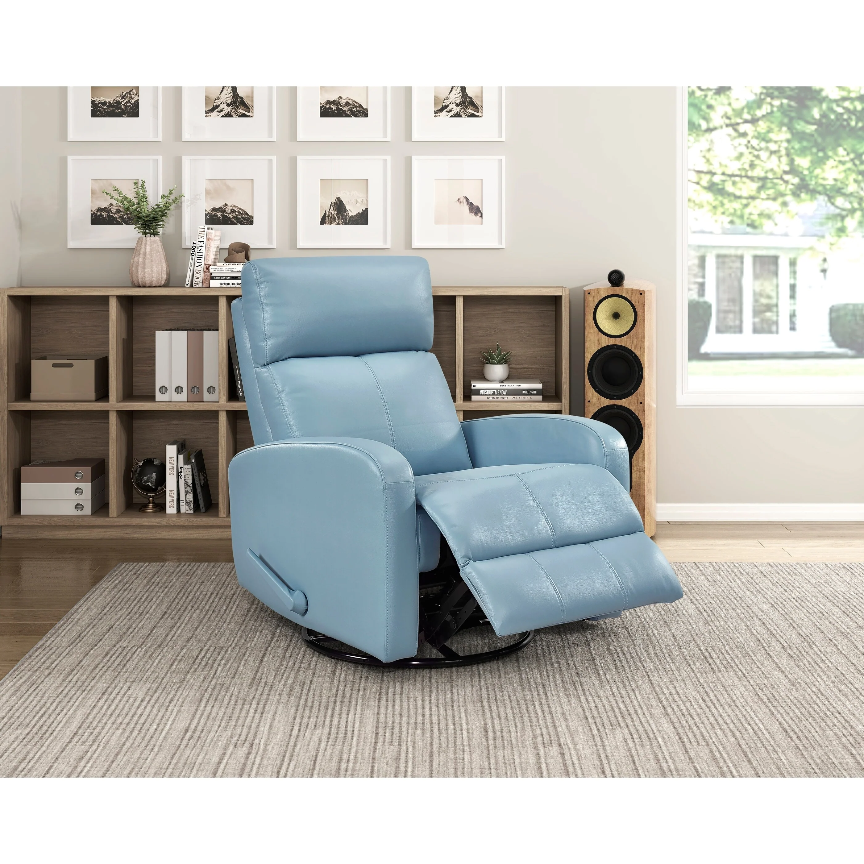 Glider Recliner Chair with Swivel Motion Blue Leather Upholstery Solid Wood Comfort Luxury Living Room Furniture 1pc