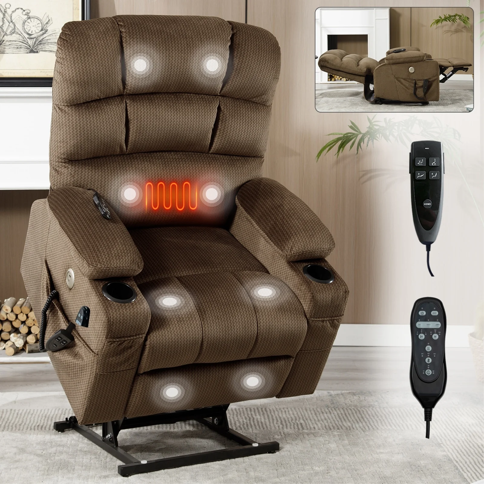 Chenille Power Lift Recliner with Massage, Heating & Cup Holders