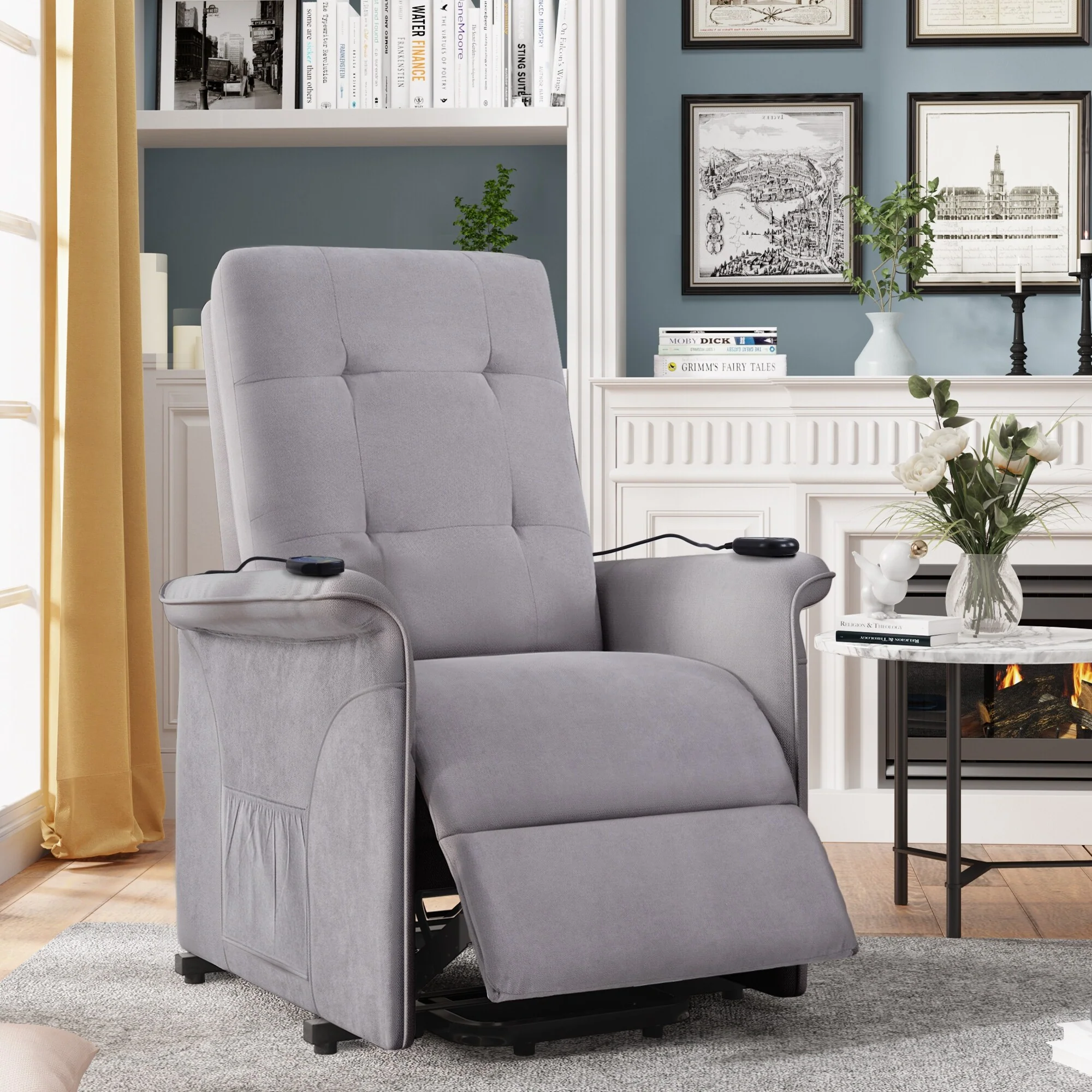 Grey Elderly Lift Recliner with Adjustable Massage, Overstuffed Cushioning, Remote Control, and Convenient Side Pockets