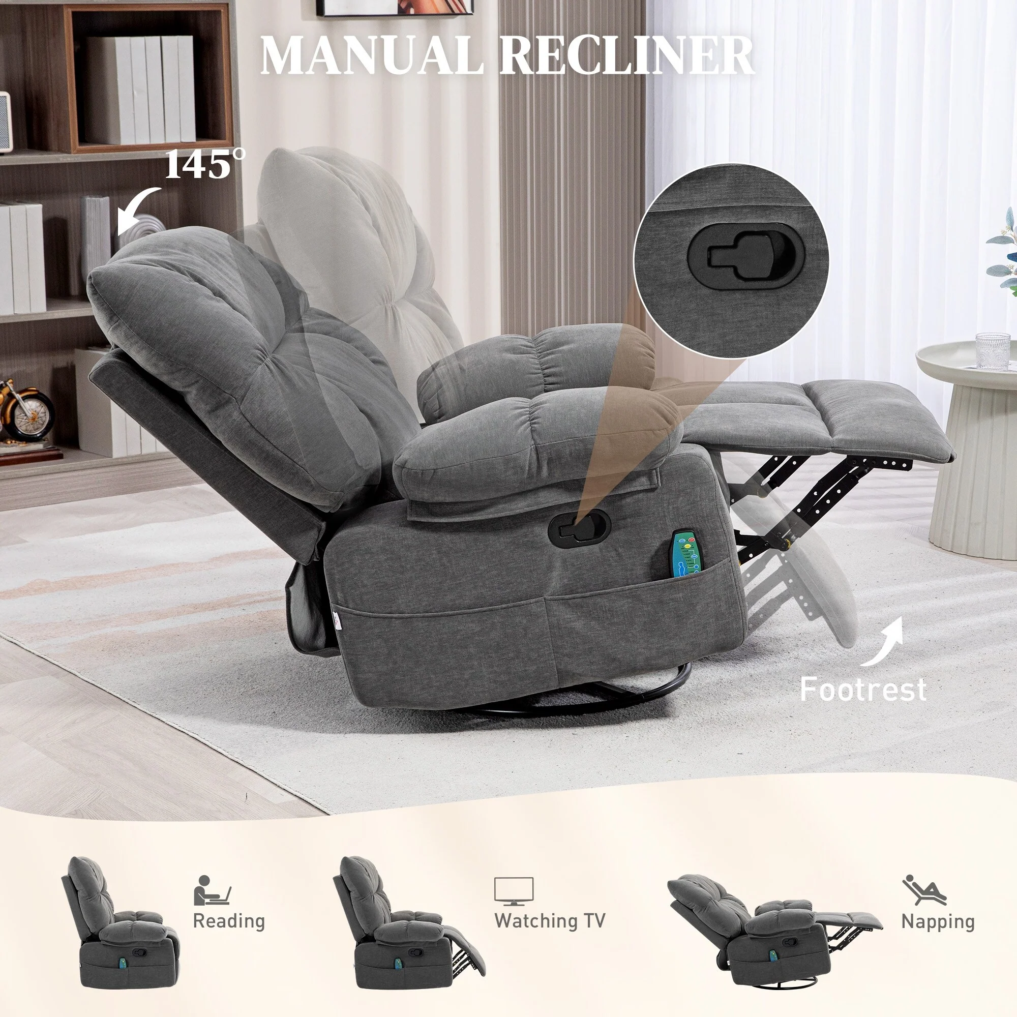 Grey Swivel Manual Recliner featuring Vibration Massage, Heating, Footrest, Remote Control, and Four Convenient Side Pockets