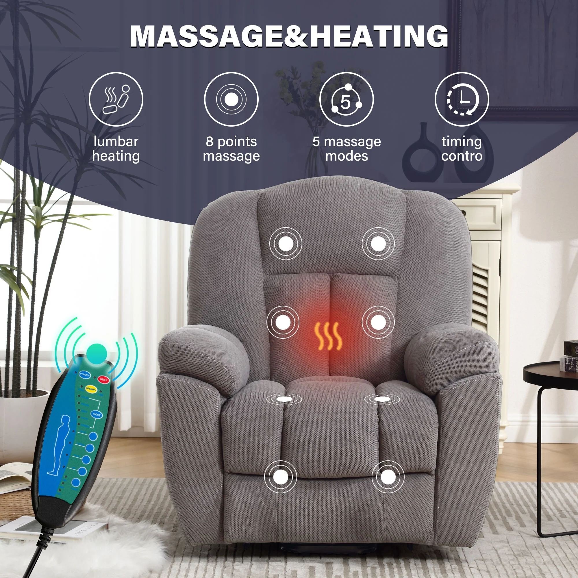 Grey Electric Power Lift Recliner Chair with Heat, Massage, Infinite Position, USB Charging, Side Pockets