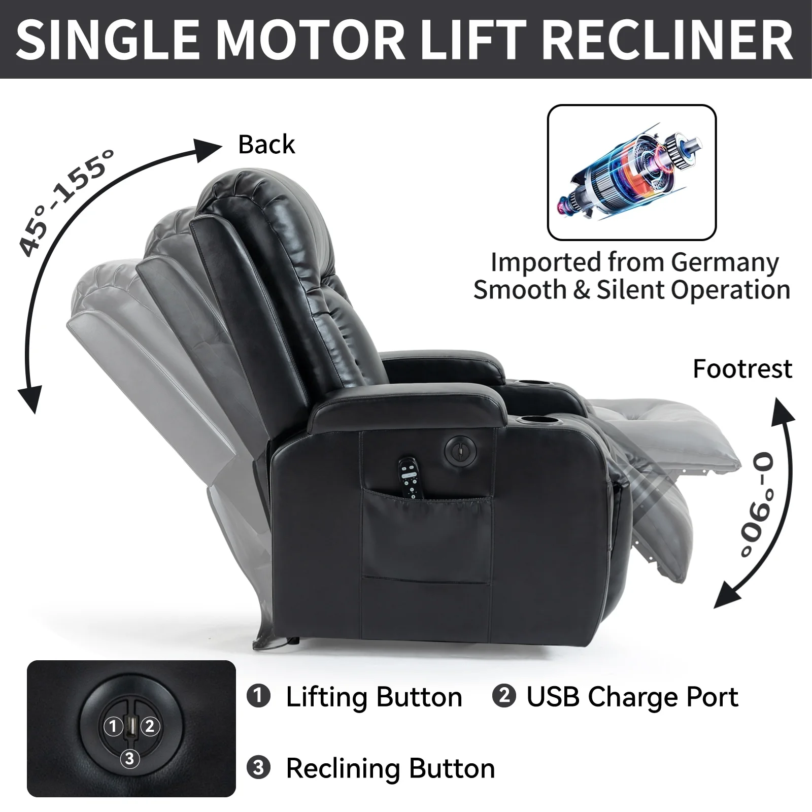 Heavy-Duty Power Lift Recliner with 8-Point Massage, Lumbar Heat Therapy, USB Charging, Dual Cup Holders, and Spacious Seating
