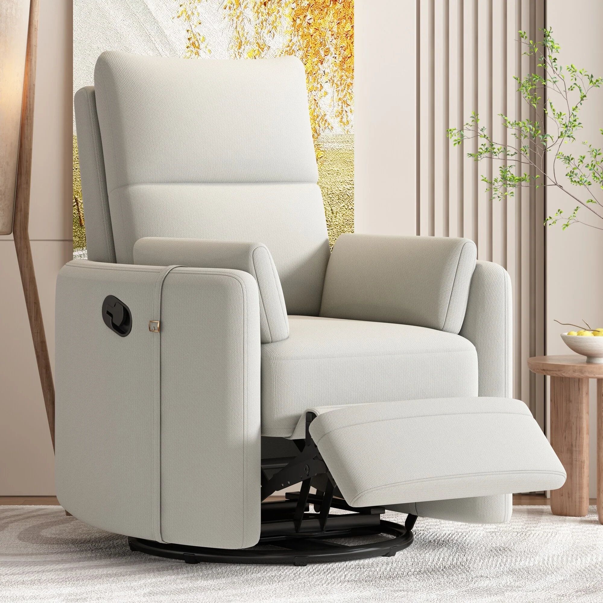 Beige Upholstered Swivel Rocker Recliner with Manual Recline, 360�� Swivel, and Two Removable Cushions
