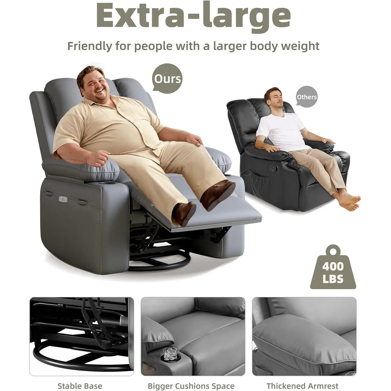 27'' Oversized360�� Swivel Recliner Chairs with Heat and Massage