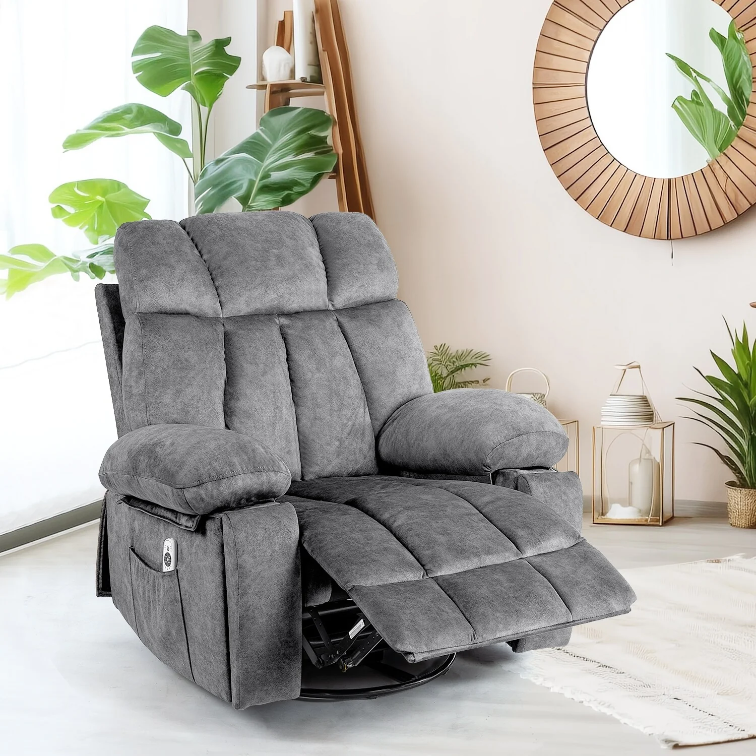 Velvet Massage Recliner Chair with Heat, 360�� Swivel Rocker & USB