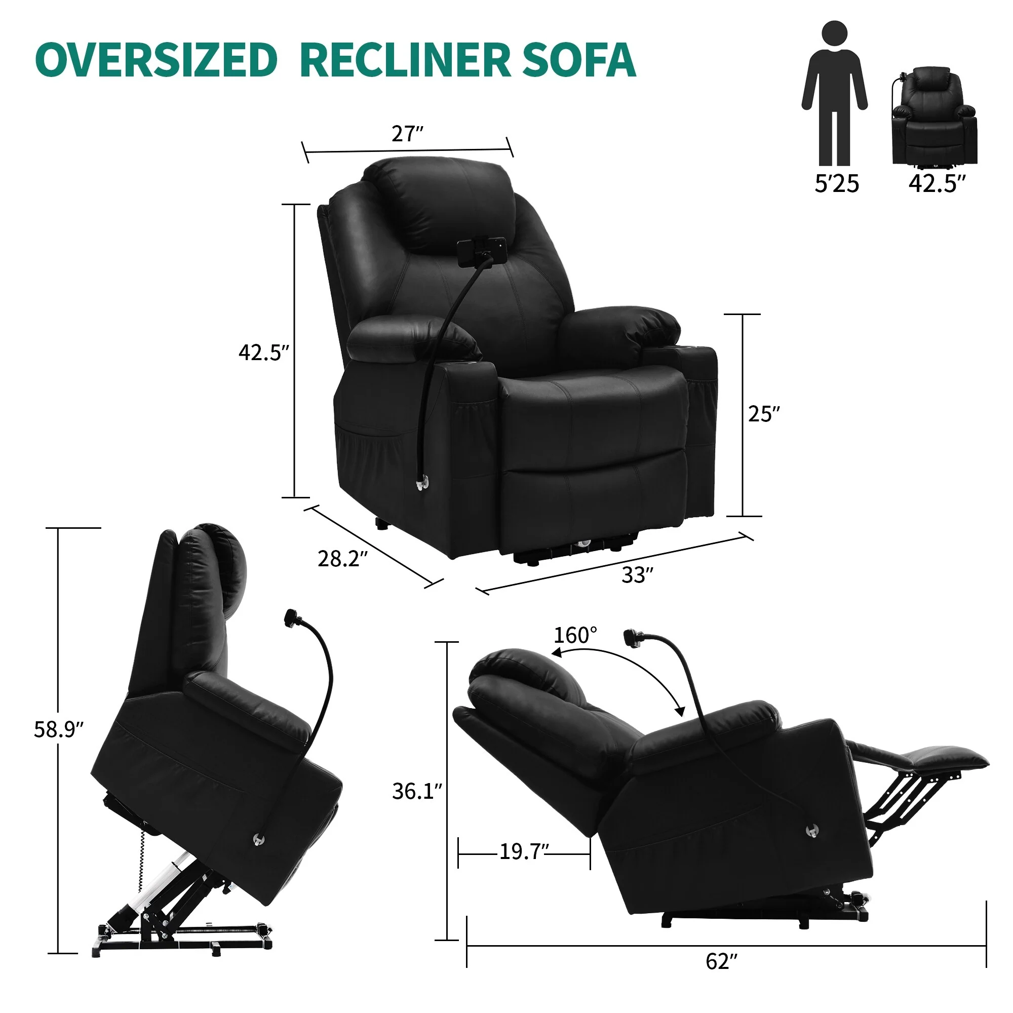 Modern Reclining Chair Fabric Massage with LED and Mobile Phone Holder