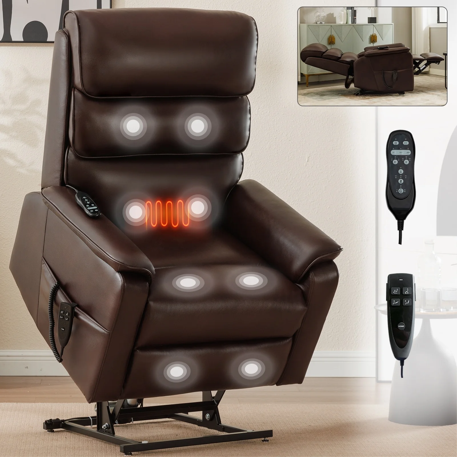 Dual Motor Power Lift Recliner Chair, with Heat & Massage, 350lbs Capacity, Infinite Position, Power-Remote, Side Pockets