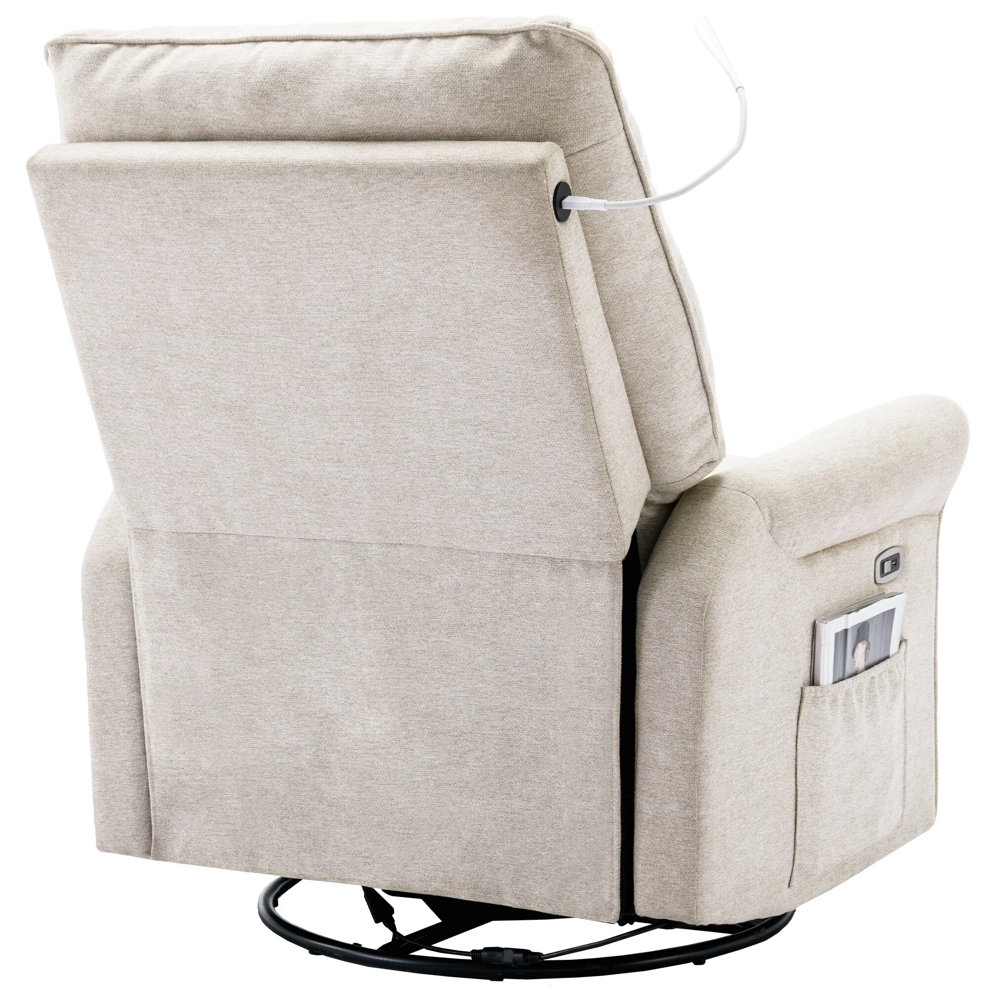 Beige 270�� Swivel Recliner with USB, Rocking Base, and Side Pocket