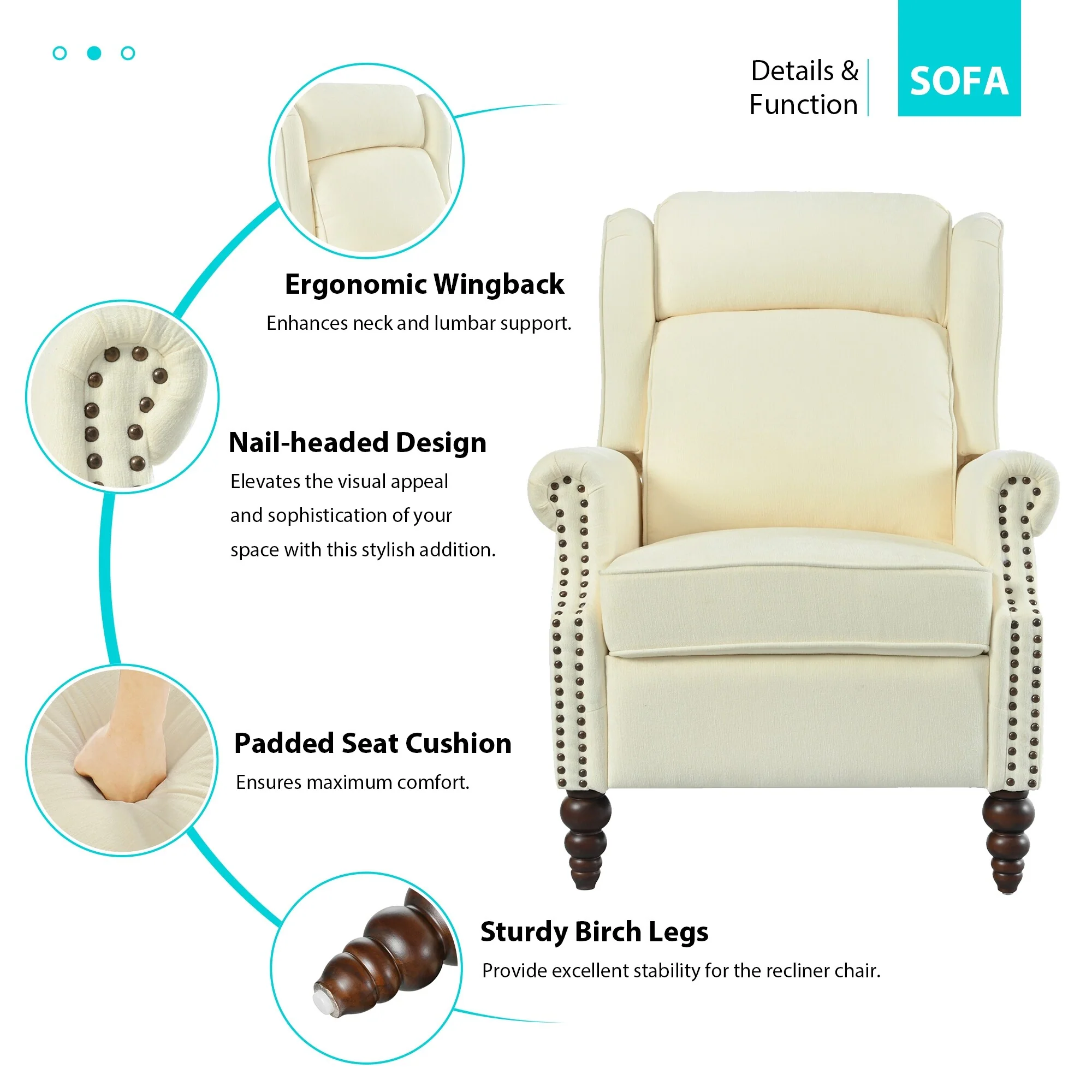 29.75 Push Back Recliner Chair Upholstered Recliner Armchair with Classic Wing Back and Solid Gourd-shaped Wooden Legs