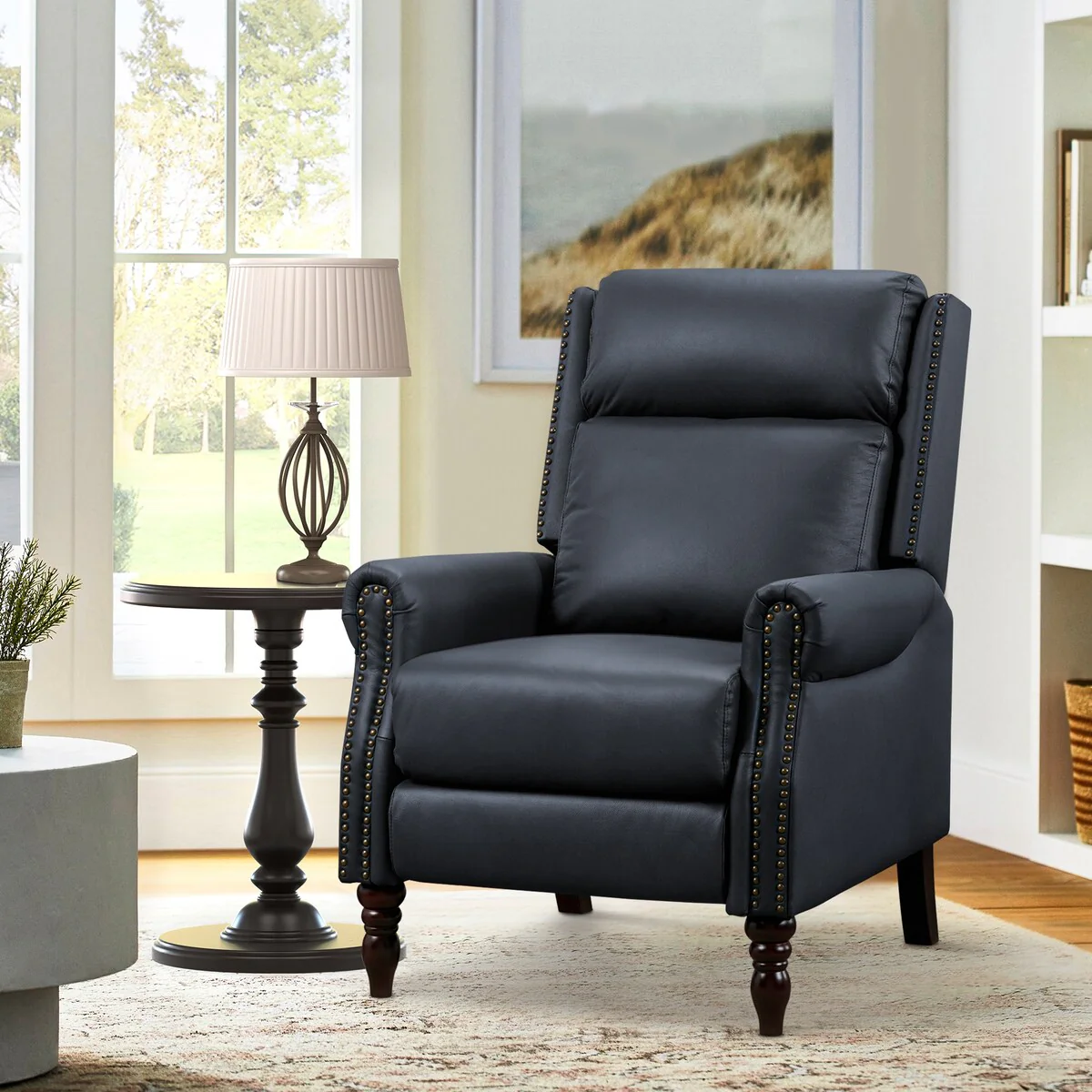 Genuine Leather Push Back Adjustable Recliner with Comfortable Arms for Living Room Chair