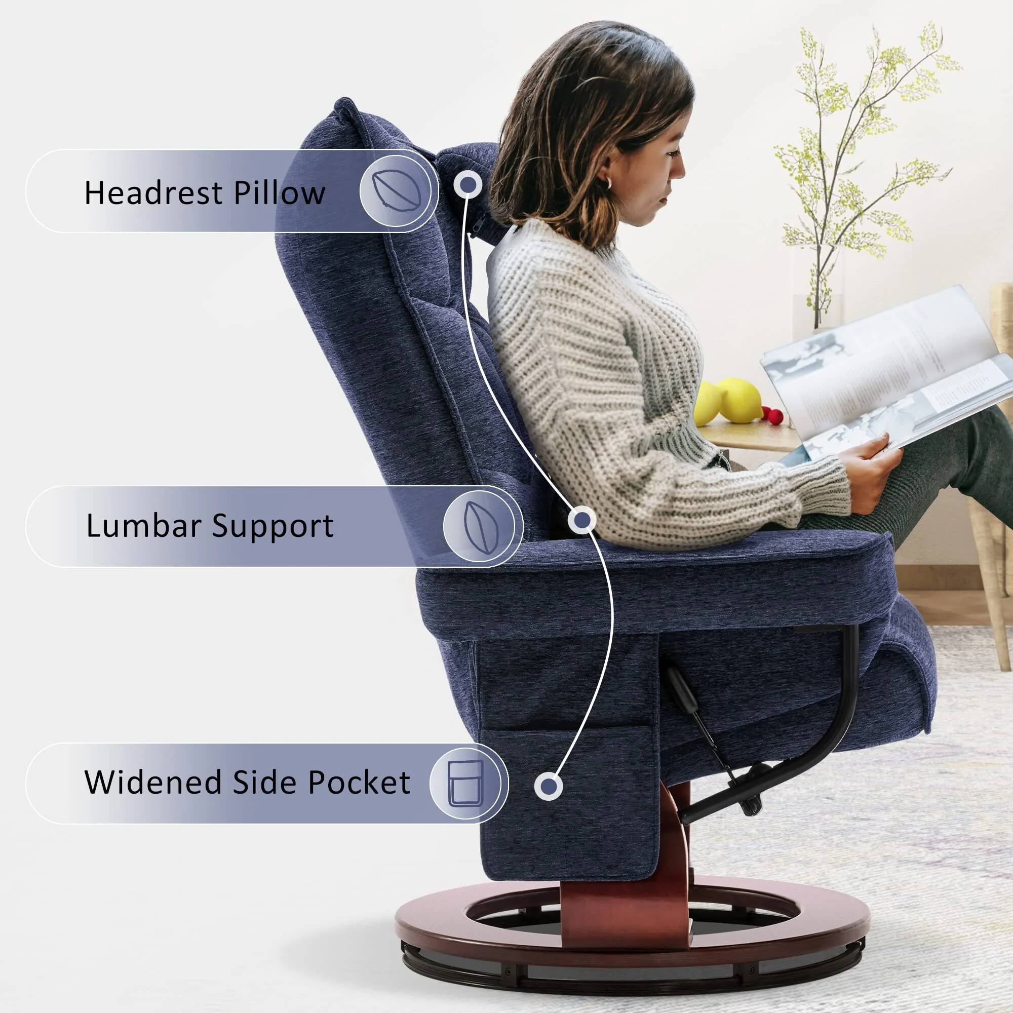 MCombo Swivel Recliner with Ottoman and Neck Pillow, Chenille Fabric