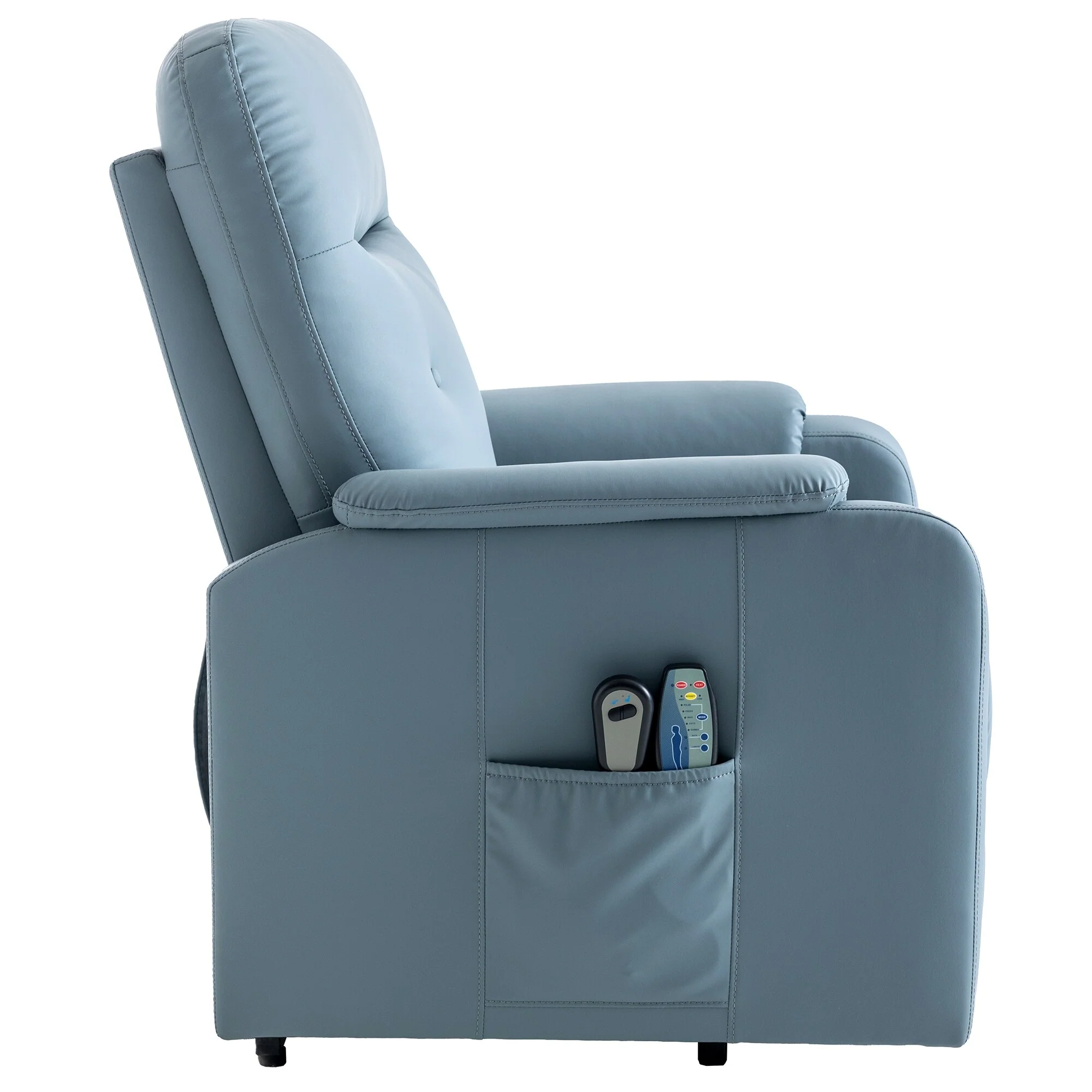 Blue Power Lift Recliner featuring Massage, Heating Function, Adjustable Settings, and Convenient Side Pocket