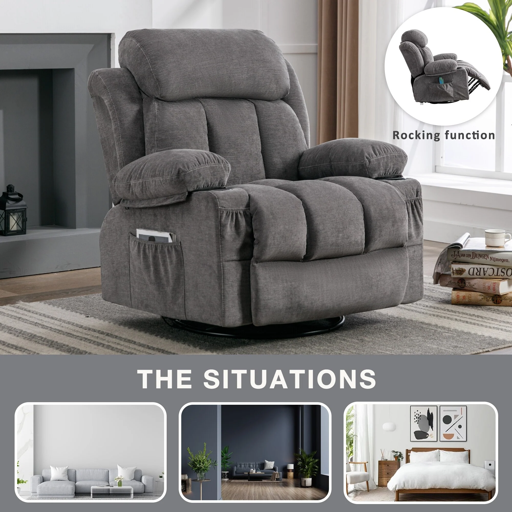 Massage 360 Swivel Rocker Recliner Chair, Heating, Cup Holders, USB
