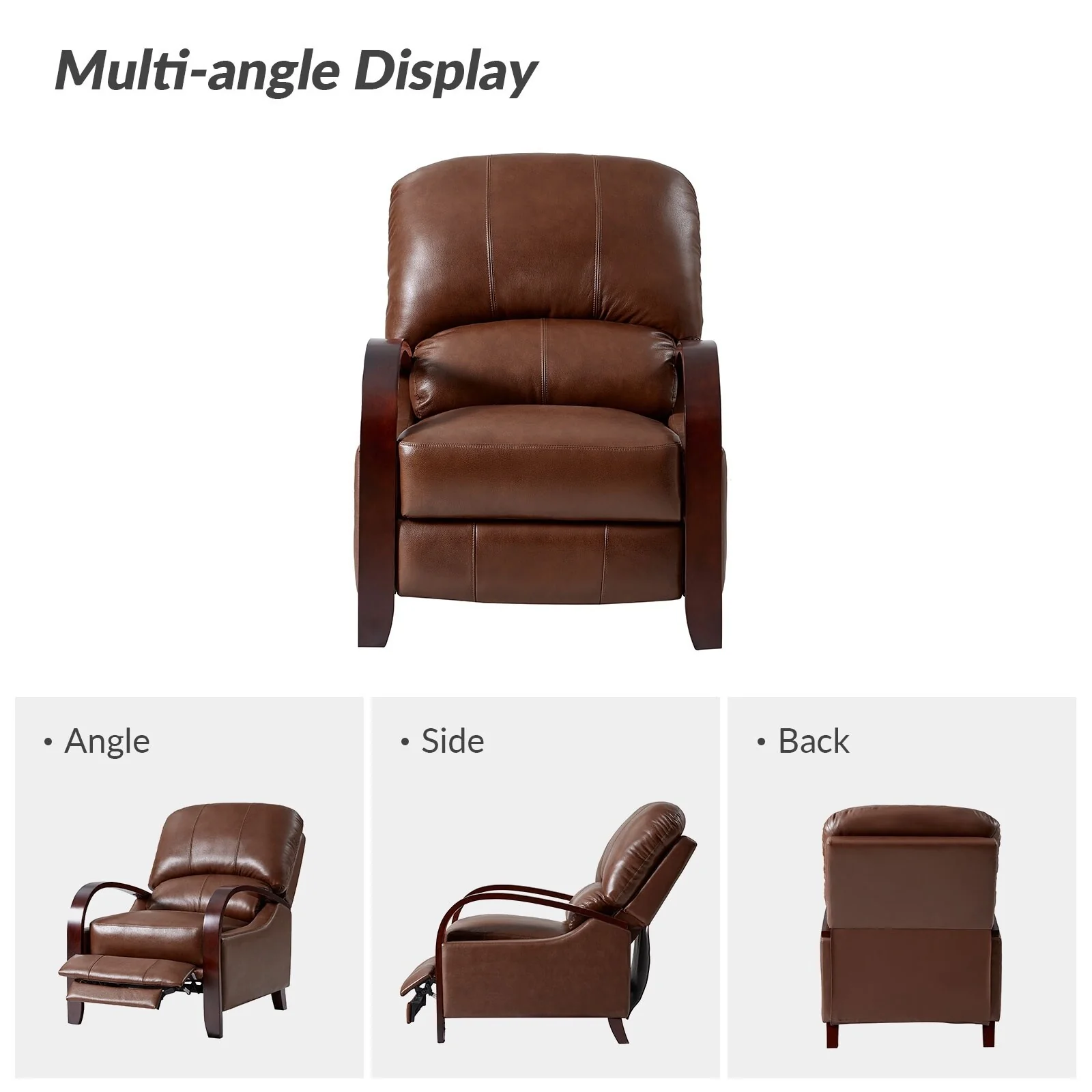 Alex Mid-century Modern Cigar Genuine Leather Manual Recliner with Wooden Curved Arms