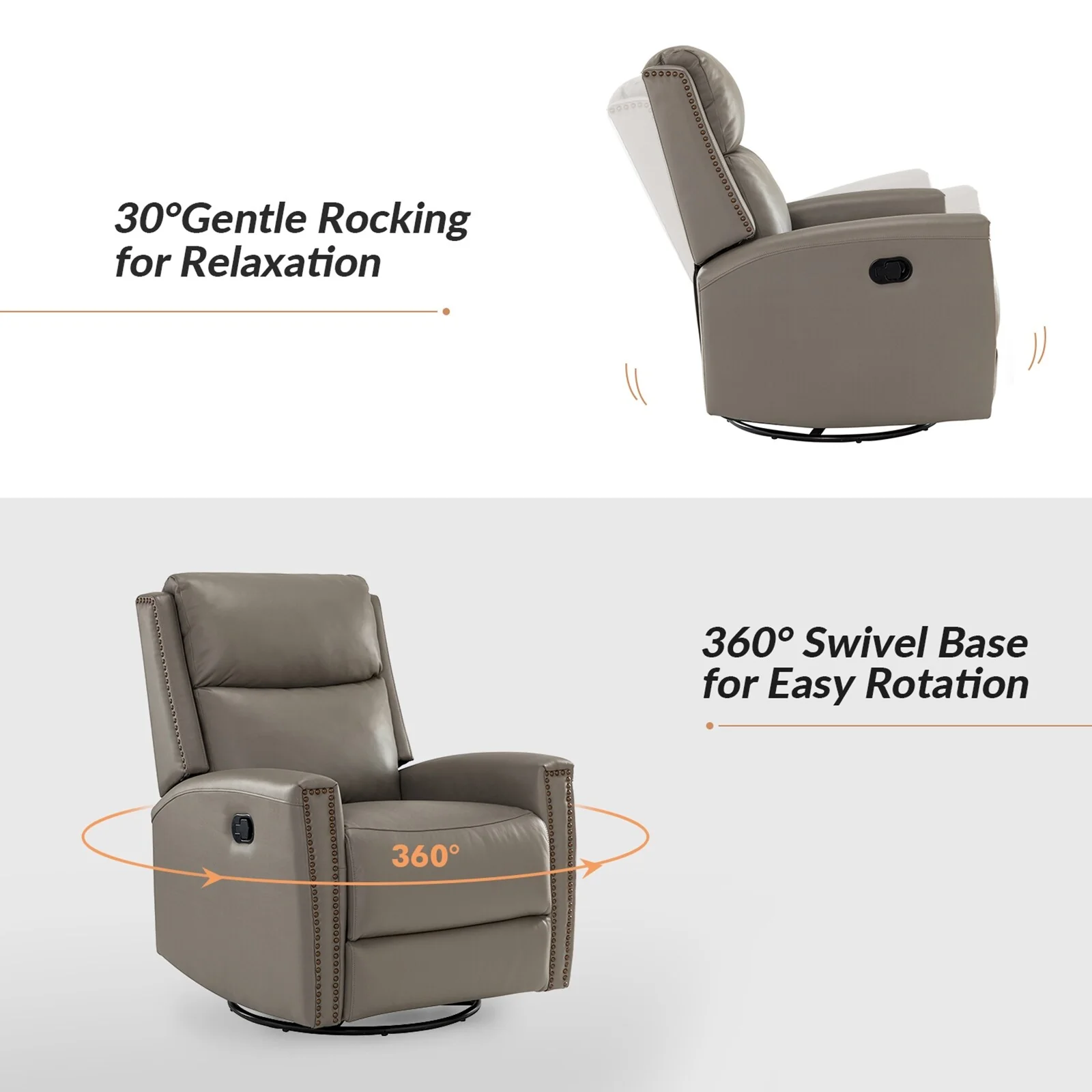 Fiacro 30.31Wide Modern Genuine Leather Wingback Swivel Rocker Recliner with Nailhead Trims