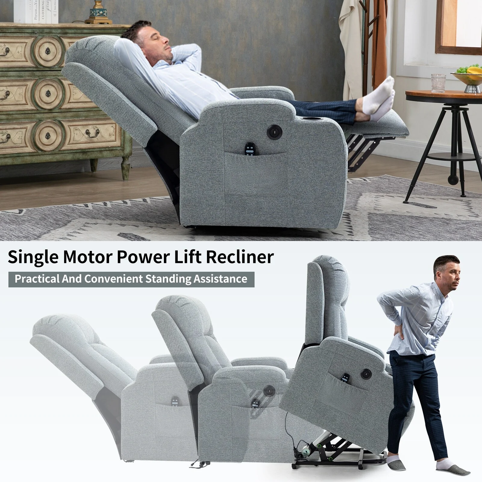 Power Lift Recliner Chair with Massage, Lumbar Heat, USB & Cup Holders