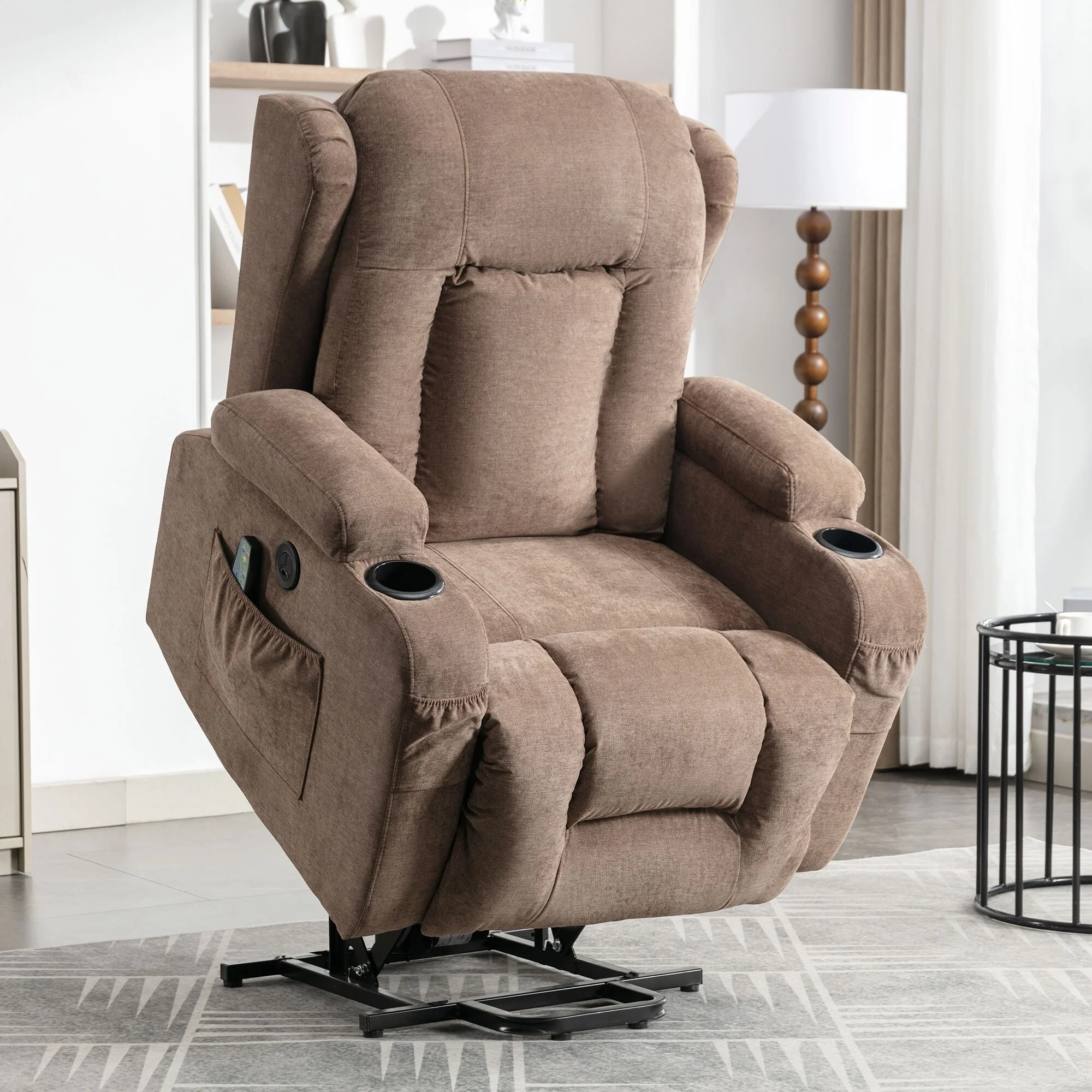 Brown Electric Lift Recliner with Heating, Massage, USB Charging Port, and Side Pockets, Adjustable for Seniors