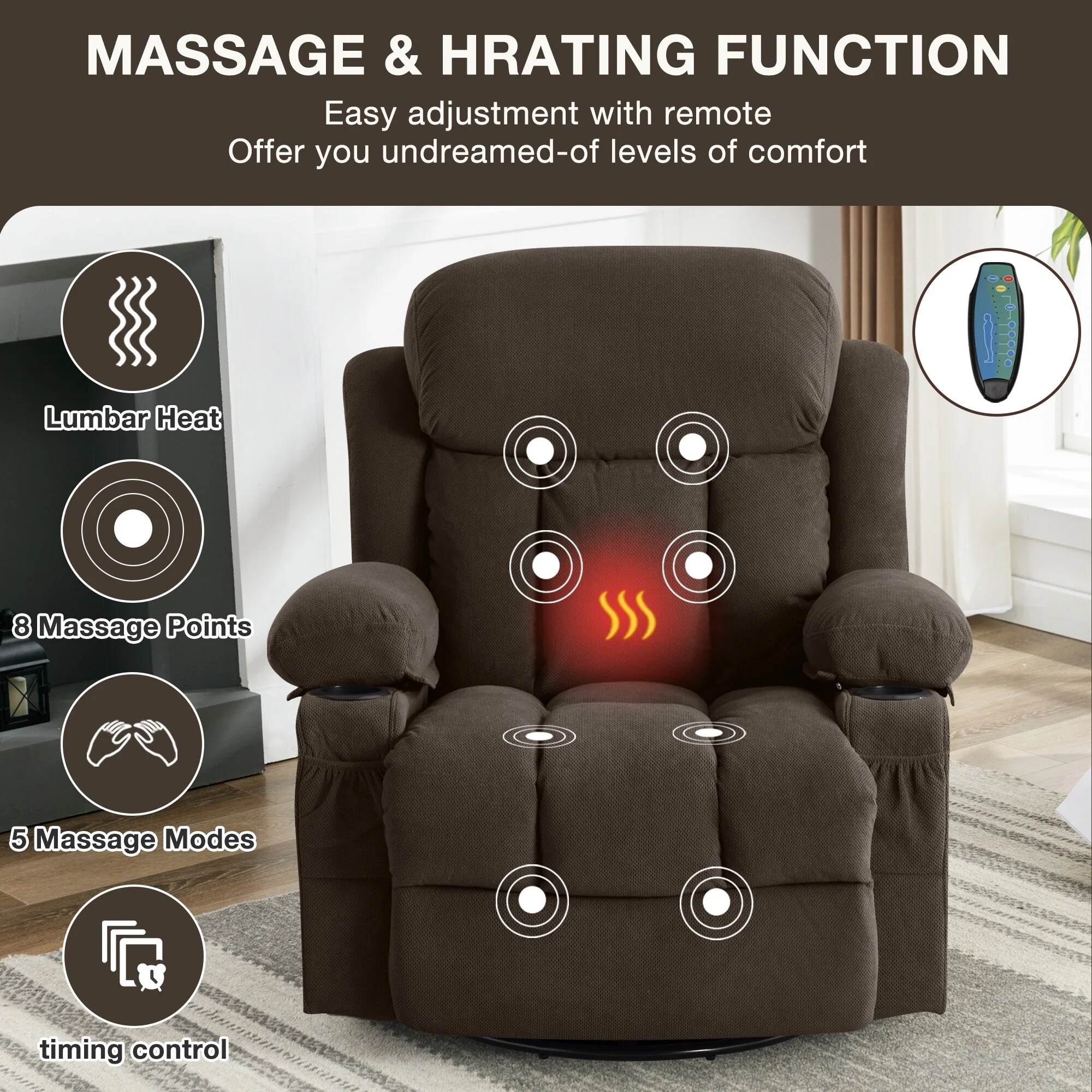 Dotted Velvet Massage Heated Manual Recliner Chair w/360�� Swivel Base